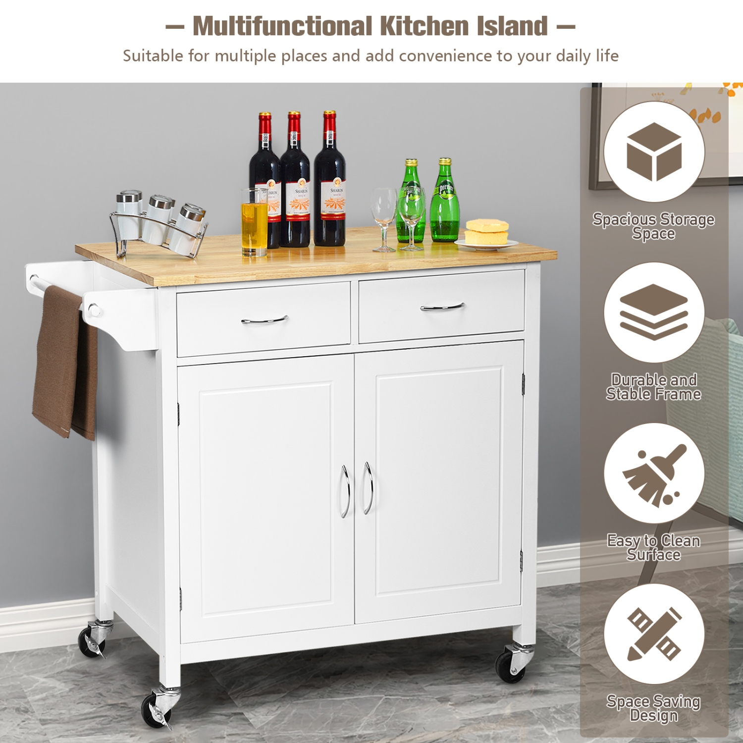 Modern Rolling Kitchen Cart Island with Wooden Top-White