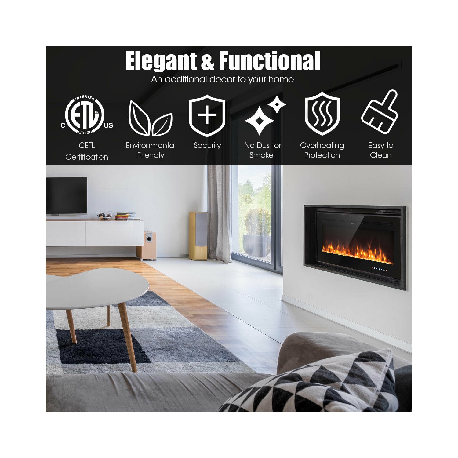 50 inch Recessed Electric Insert Wall Mounted Fireplace with Adjustable Brightness