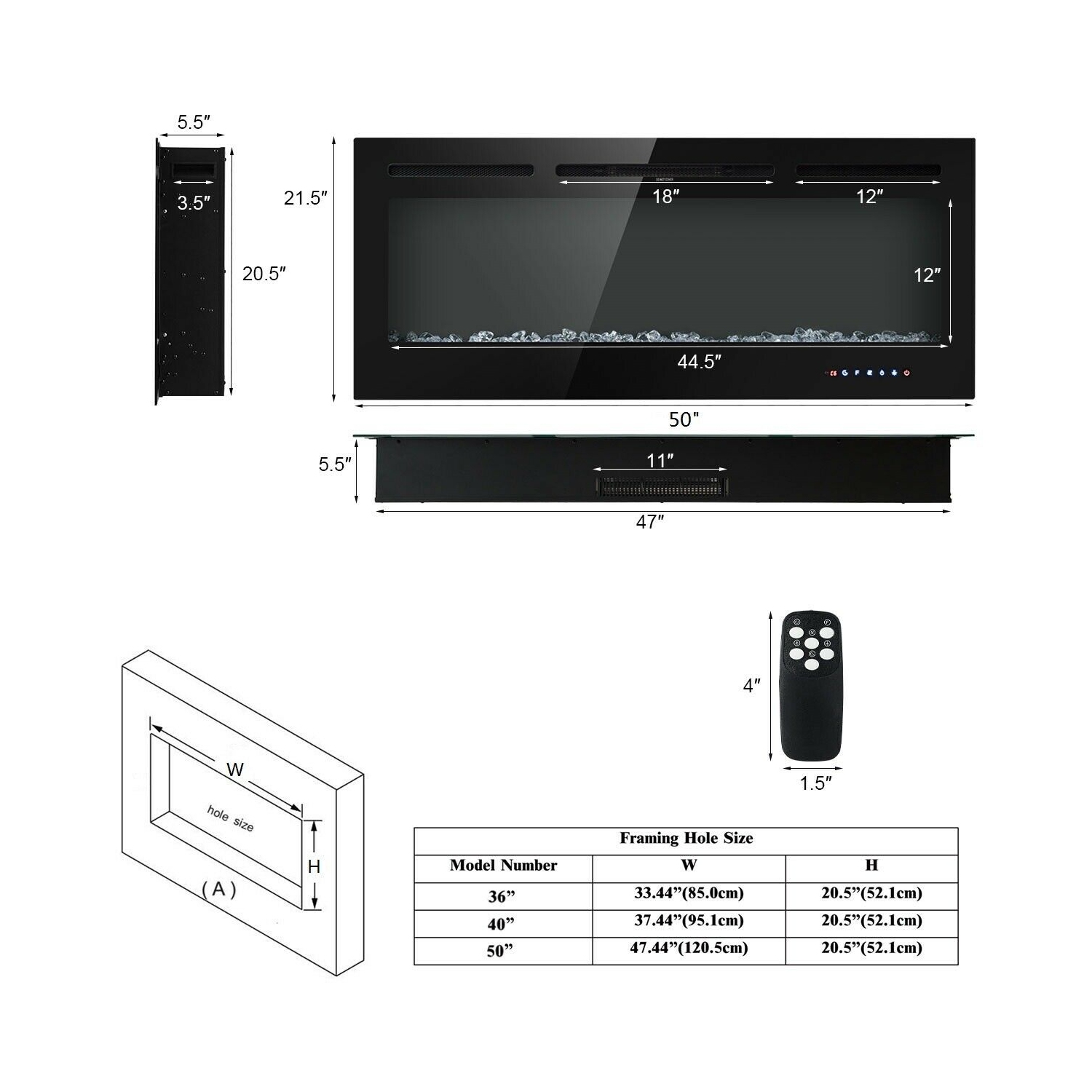 50 inch Recessed Electric Insert Wall Mounted Fireplace with Adjustable Brightness