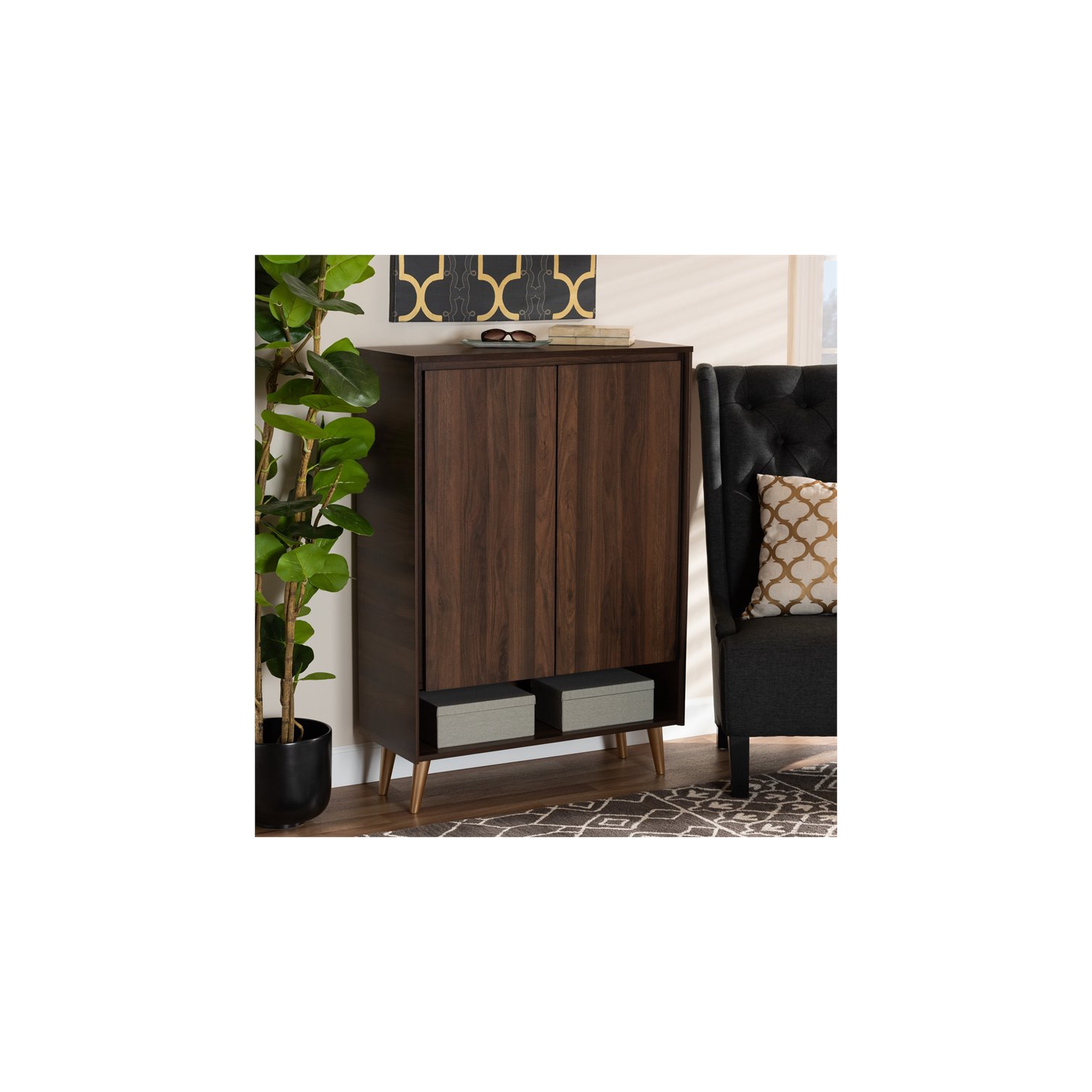 Baxton Studio Landen Brown and Gold Wood 2-Door Entryway Shoe storage Cabinet