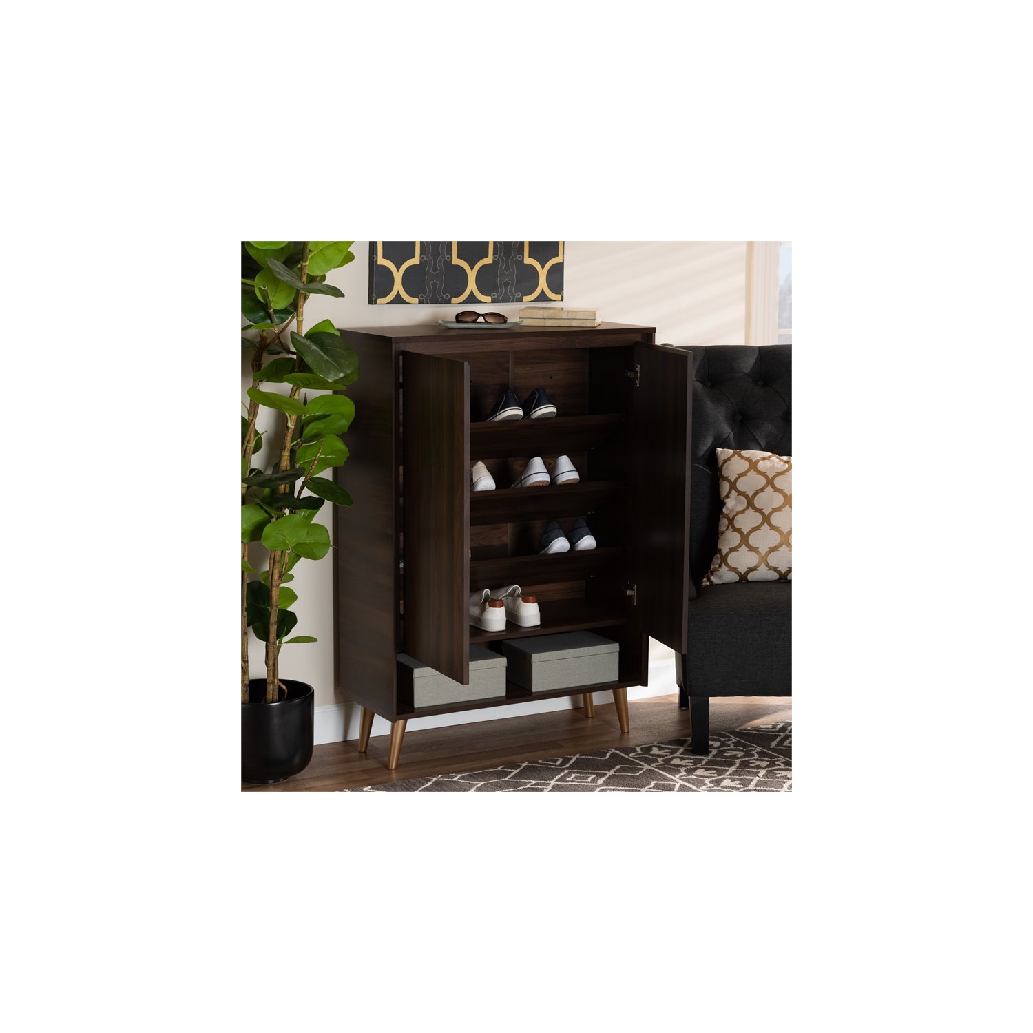 Baxton Studio Landen Brown and Gold Wood 2-Door Entryway Shoe storage Cabinet