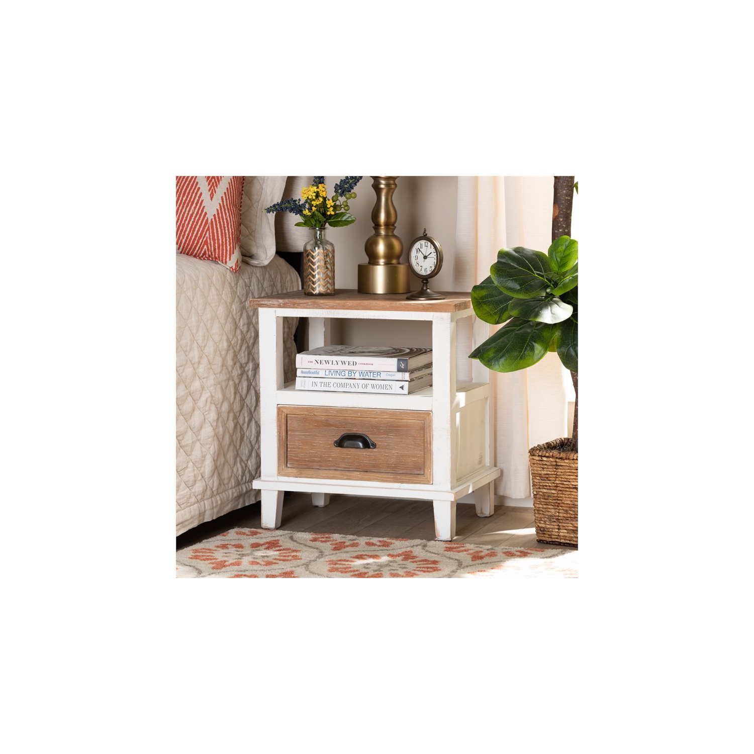 Baxton Studio Glynn Two-Tone White and Oak Brown Wood 1-Drawer End Table