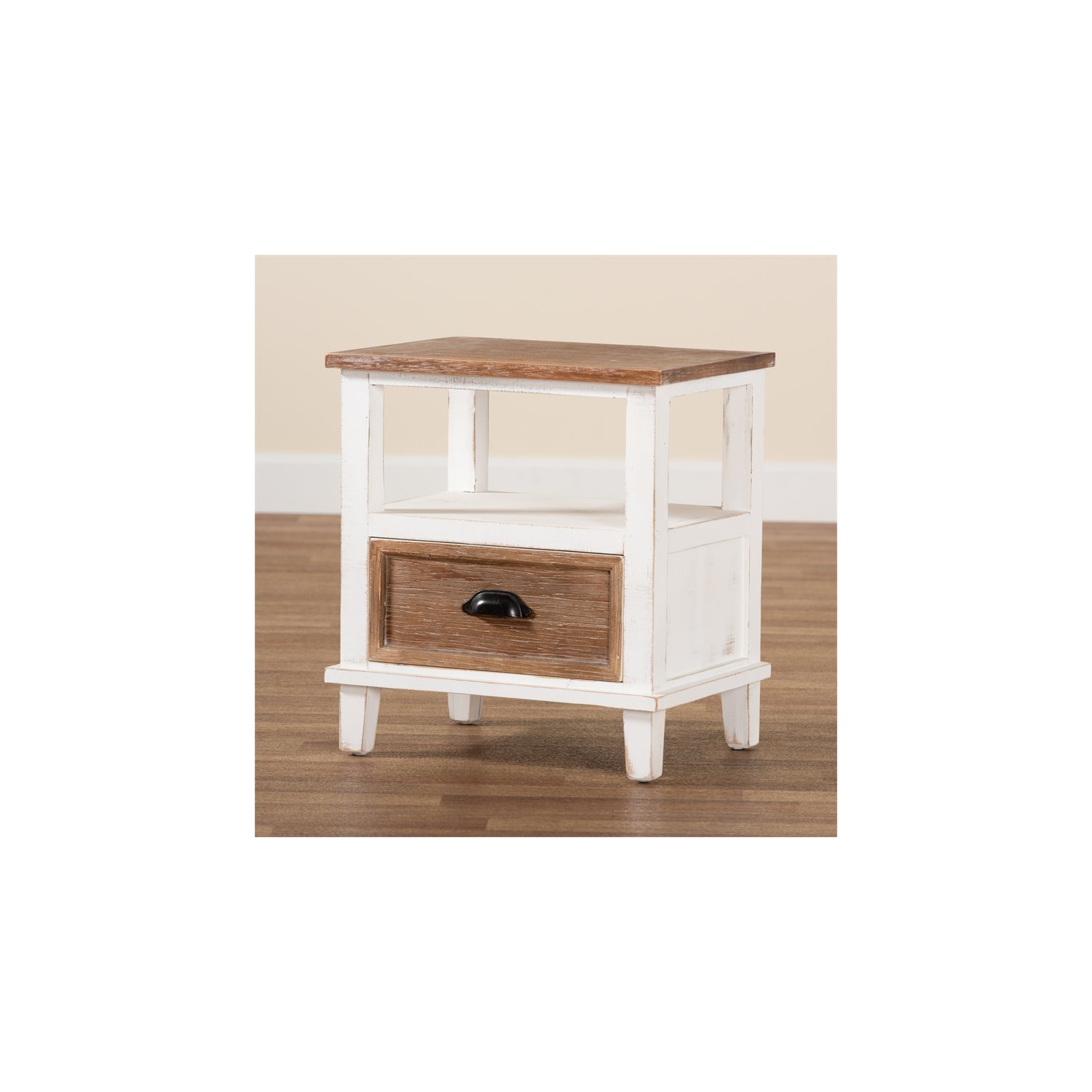 Baxton Studio Glynn Two-Tone White and Oak Brown Wood 1-Drawer End Table