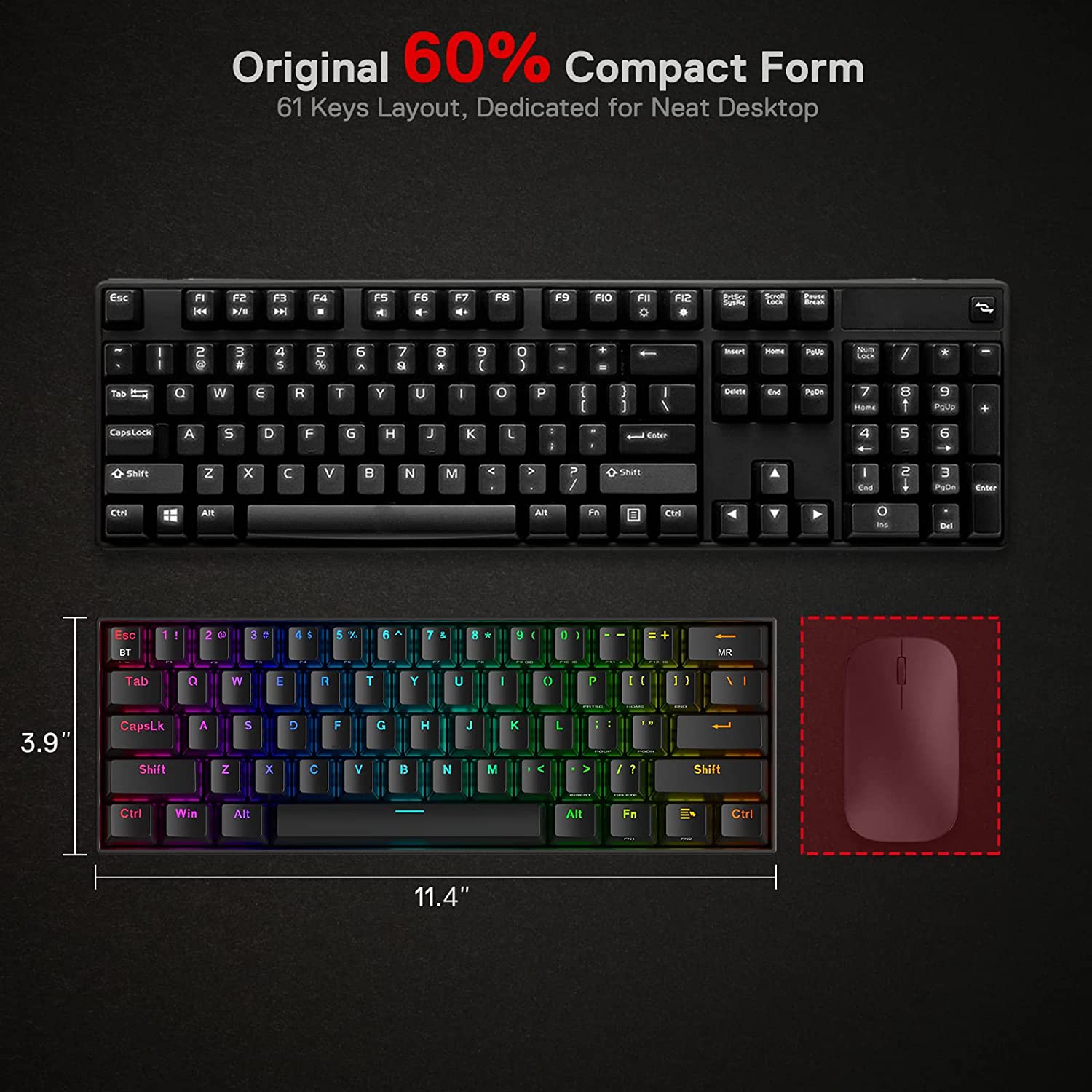 Redragon K530 Pro Draconic 60% Wireless RGB Mechanical Keyboard, Bluetooth/2.4Ghz/Wired 3-Mode 61 Keys Compact Gaming Keyboard w/100% Hot-Swap