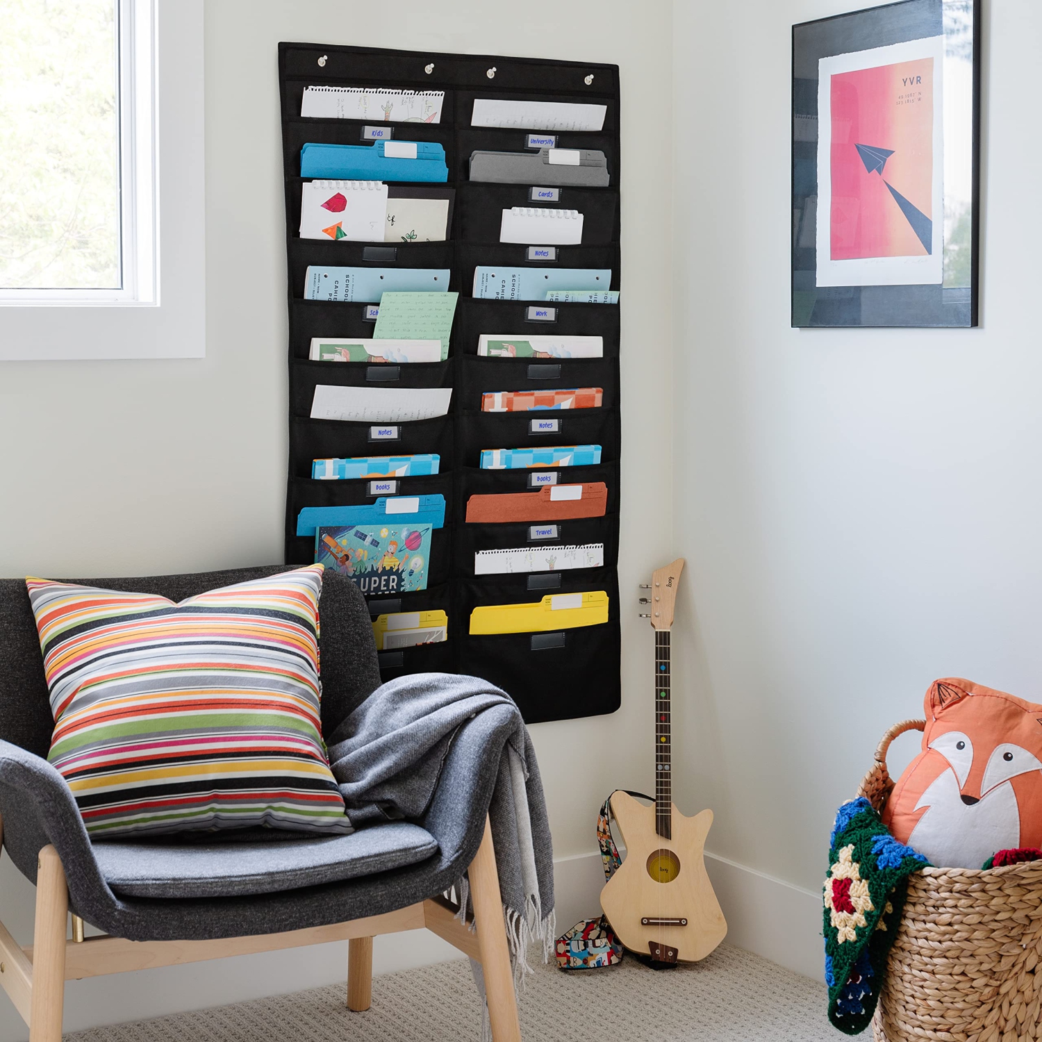 Hanging File Organizer | Black, Letter-sized, Storage Pocket Chart For Office, Home And Classroom - Walldeca