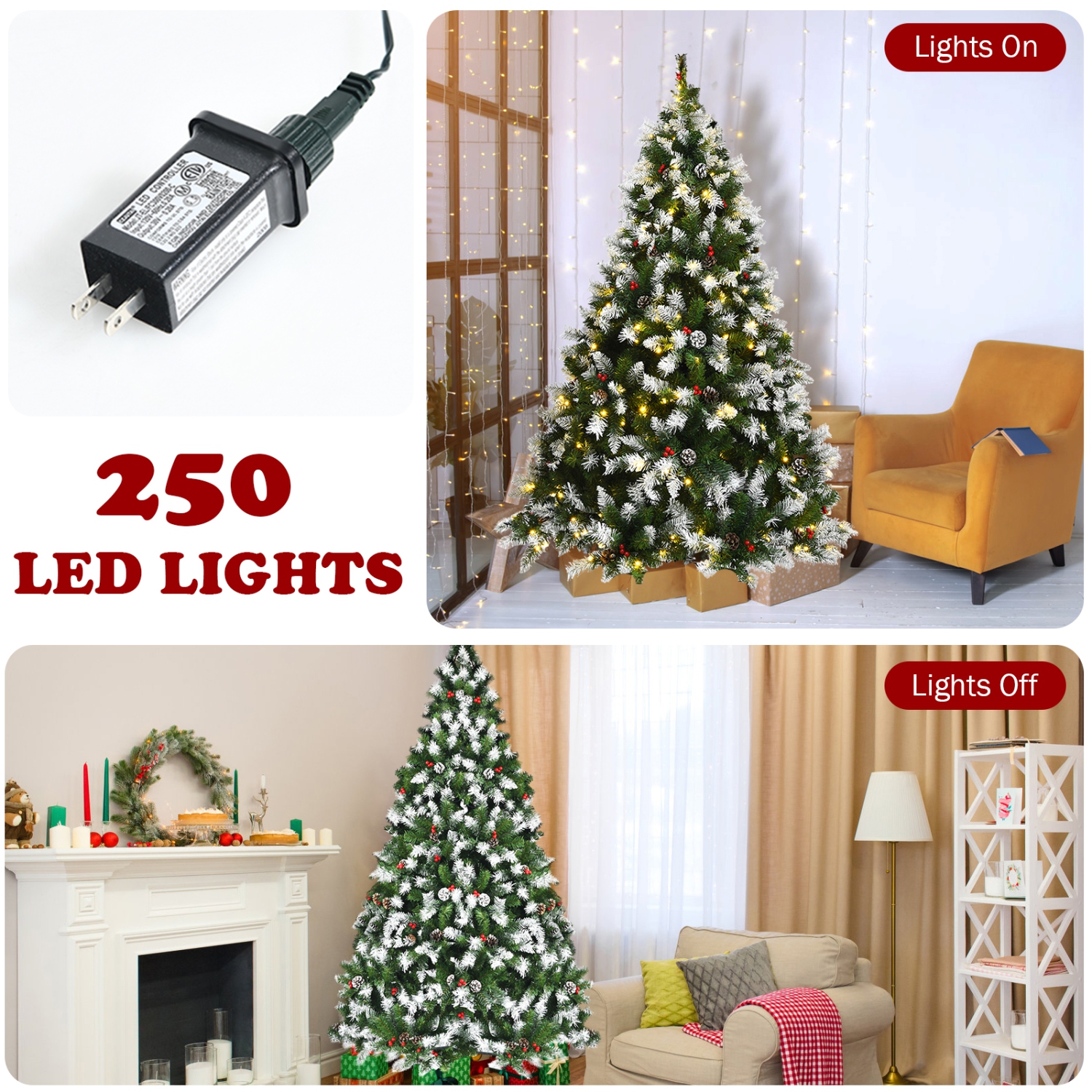 Topbuy 6ft Pre-lit Snowy Christmas Tree Pre-strung Xmas Decoration Tree w/ 250 Warm White LED Lights & 818 PVC Tips