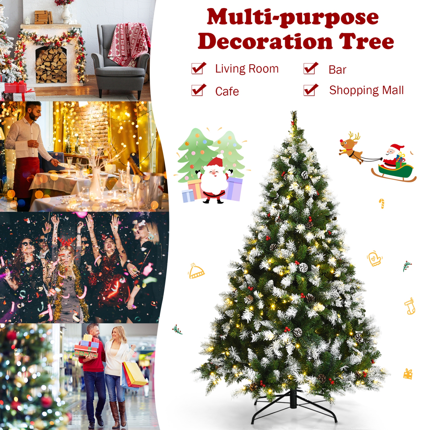 Topbuy 6ft Pre-lit Snowy Christmas Tree Pre-strung Xmas Decoration Tree w/ 250 Warm White LED Lights & 818 PVC Tips