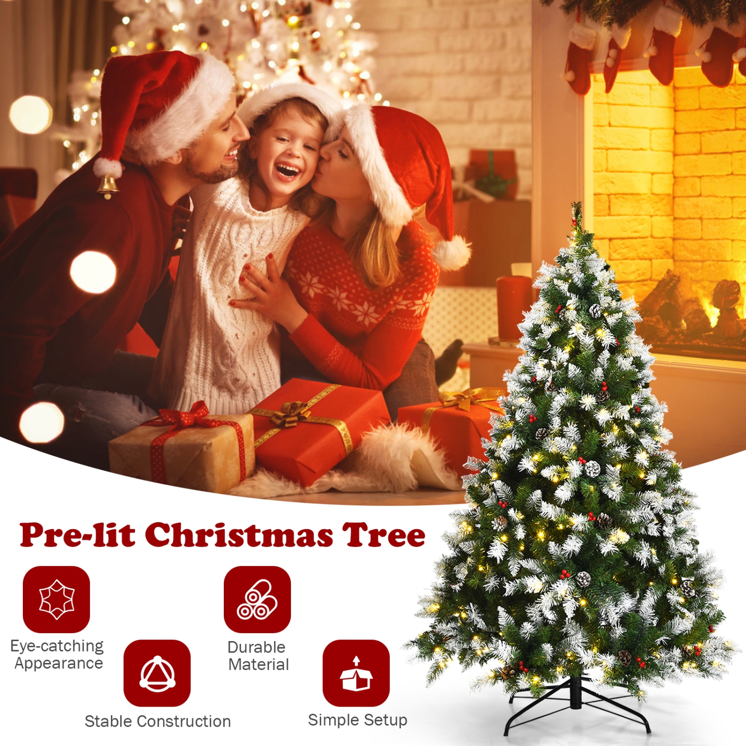Topbuy 6ft Pre-lit Snowy Christmas Tree Pre-strung Xmas Decoration Tree w/ 250 Warm White LED Lights & 818 PVC Tips