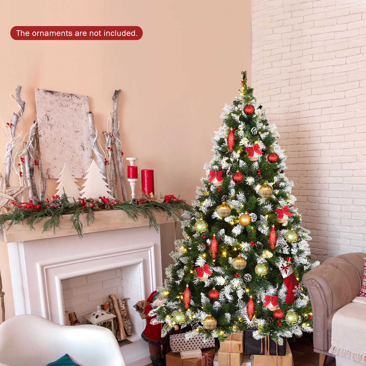 Topbuy 6ft Pre-lit Snowy Christmas Tree Pre-strung Xmas Decoration Tree w/ 250 Warm White LED Lights & 818 PVC Tips