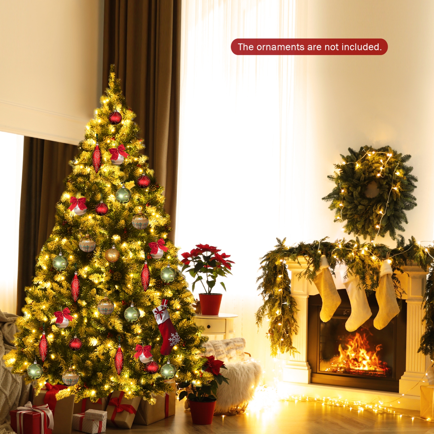 Topbuy 6ft Pre-lit Snowy Christmas Tree Pre-strung Xmas Decoration Tree w/ 250 Warm White LED Lights & 818 PVC Tips