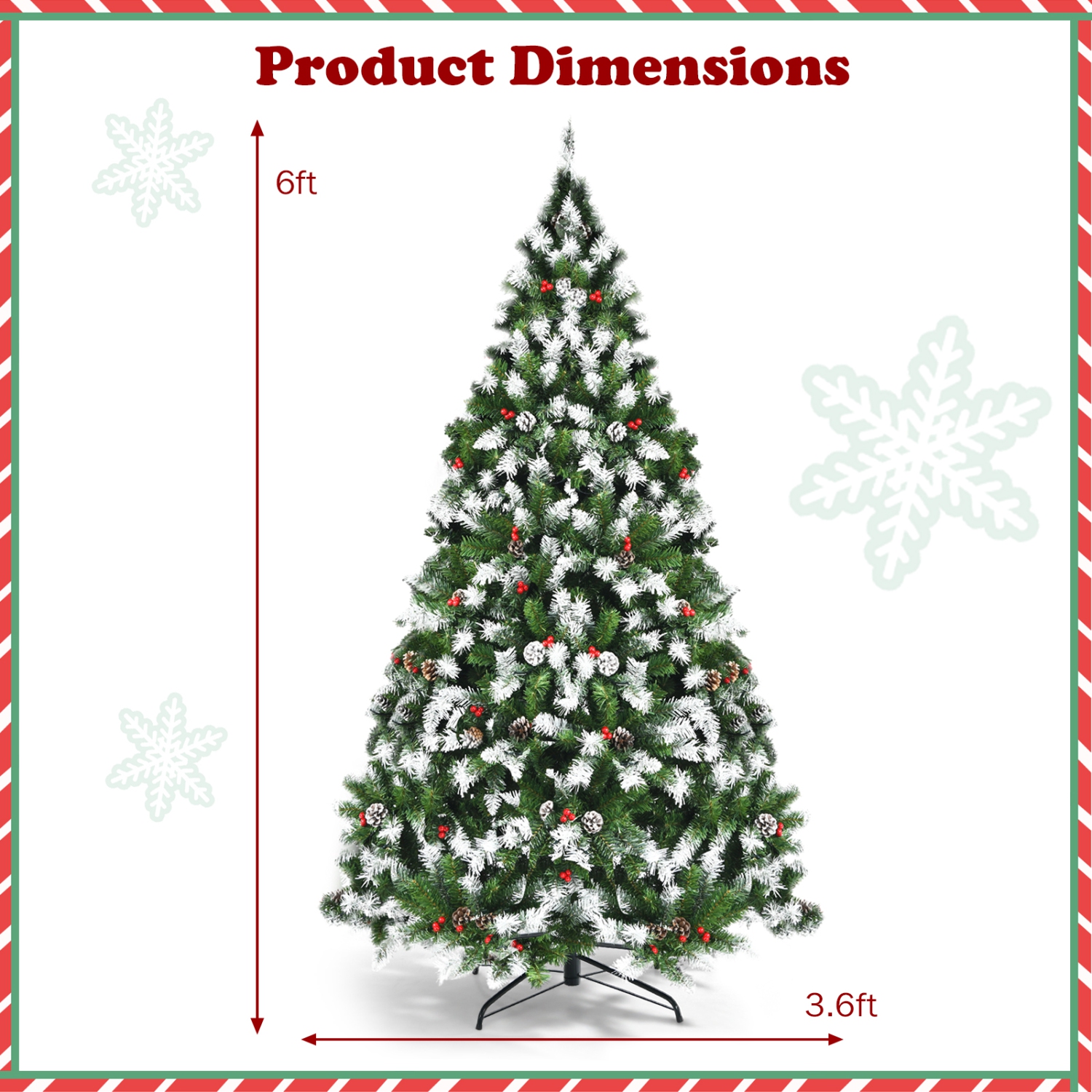 Topbuy 6ft Pre-lit Snowy Christmas Tree Pre-strung Xmas Decoration Tree w/ 250 Warm White LED Lights & 818 PVC Tips