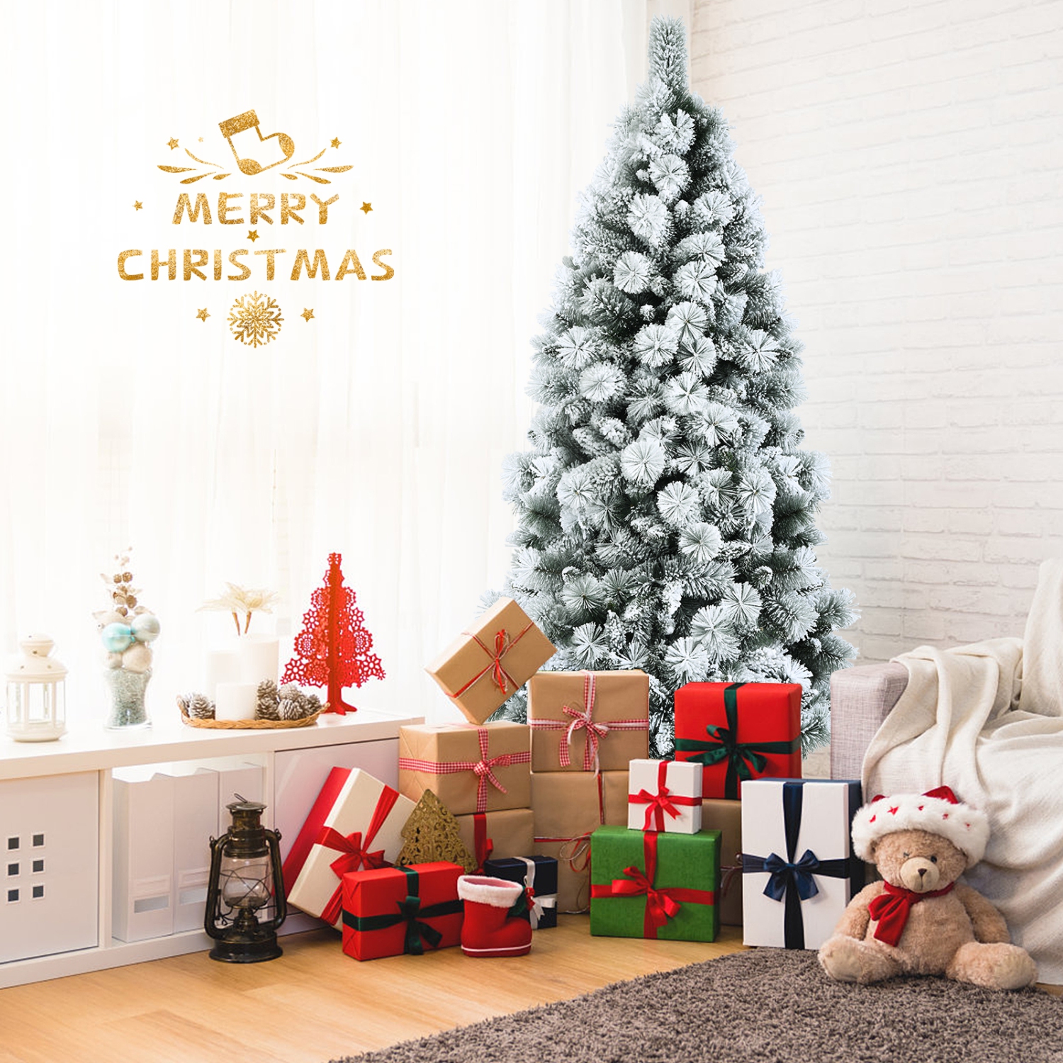 Topbuy 5FT Hinged Slim Artificial Xmas Tree, Snow-Flocked Pencil Christmas Tree W/ 470 Branch Tips