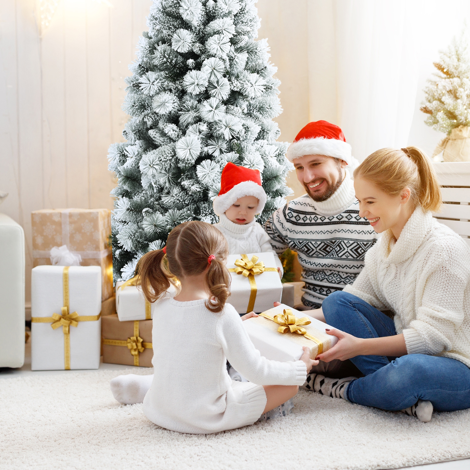 Topbuy 5FT Hinged Slim Artificial Xmas Tree, Snow-Flocked Pencil Christmas Tree W/ 470 Branch Tips