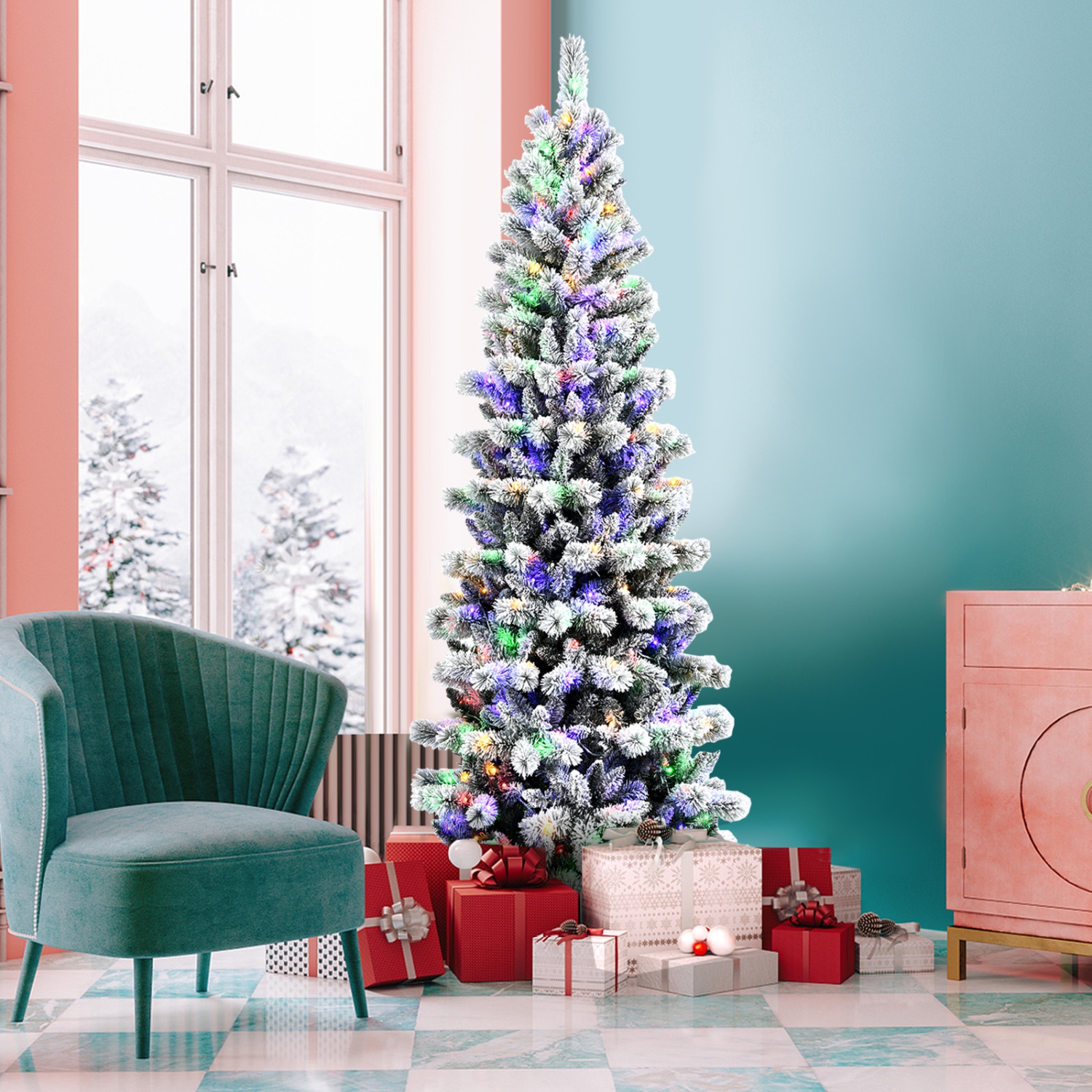 Pin de Noël pré-illuminé en forme de sapin de Noël HappyGrill de 8 pi, charnières et 350 lumières multicolores de Noël contrôlées à distance