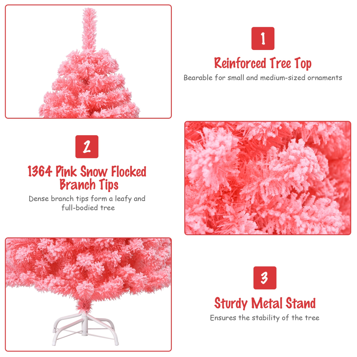 Arbre de Noël rose de 4.5 pi avec 348 embouts en PVC floqué à la neige et support en métal de TopBuy