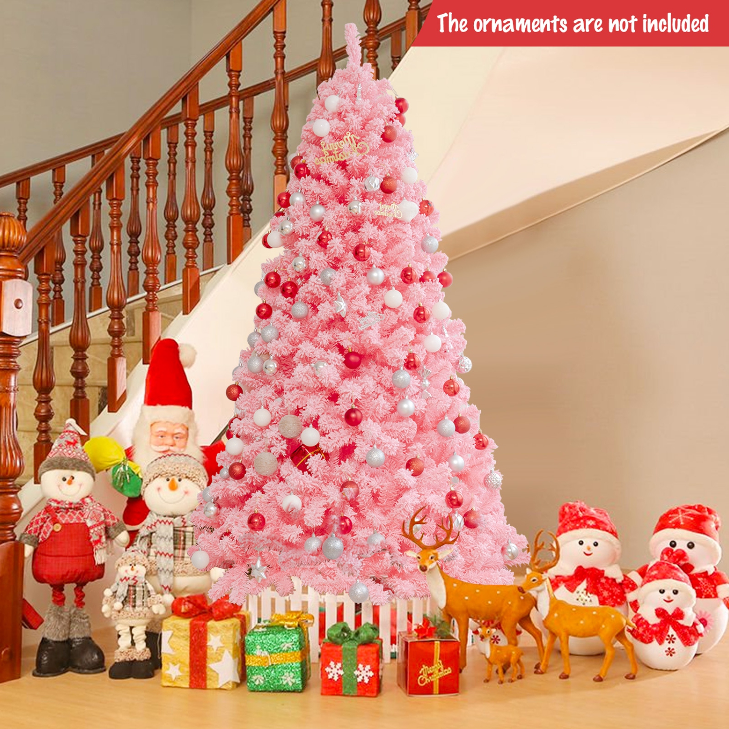 Arbre de Noël rose de 4.5 pi avec 348 embouts en PVC floqué à la neige et support en métal de TopBuy