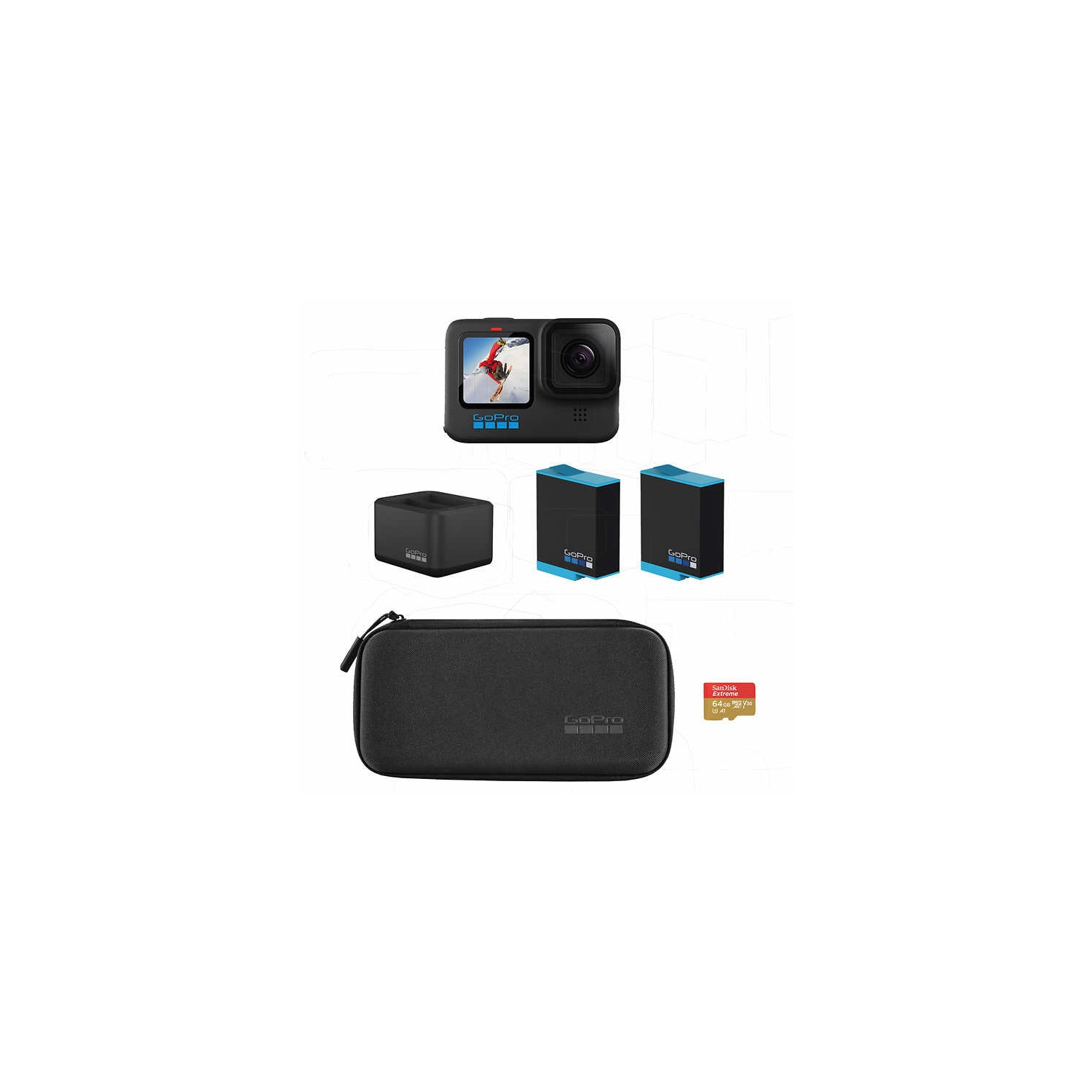 GoPro HERO10 Black - Essential Bundle - GoPro HERO 10 Black + 2 extra Battery + Compact Case + 64 GB MicroSD Card