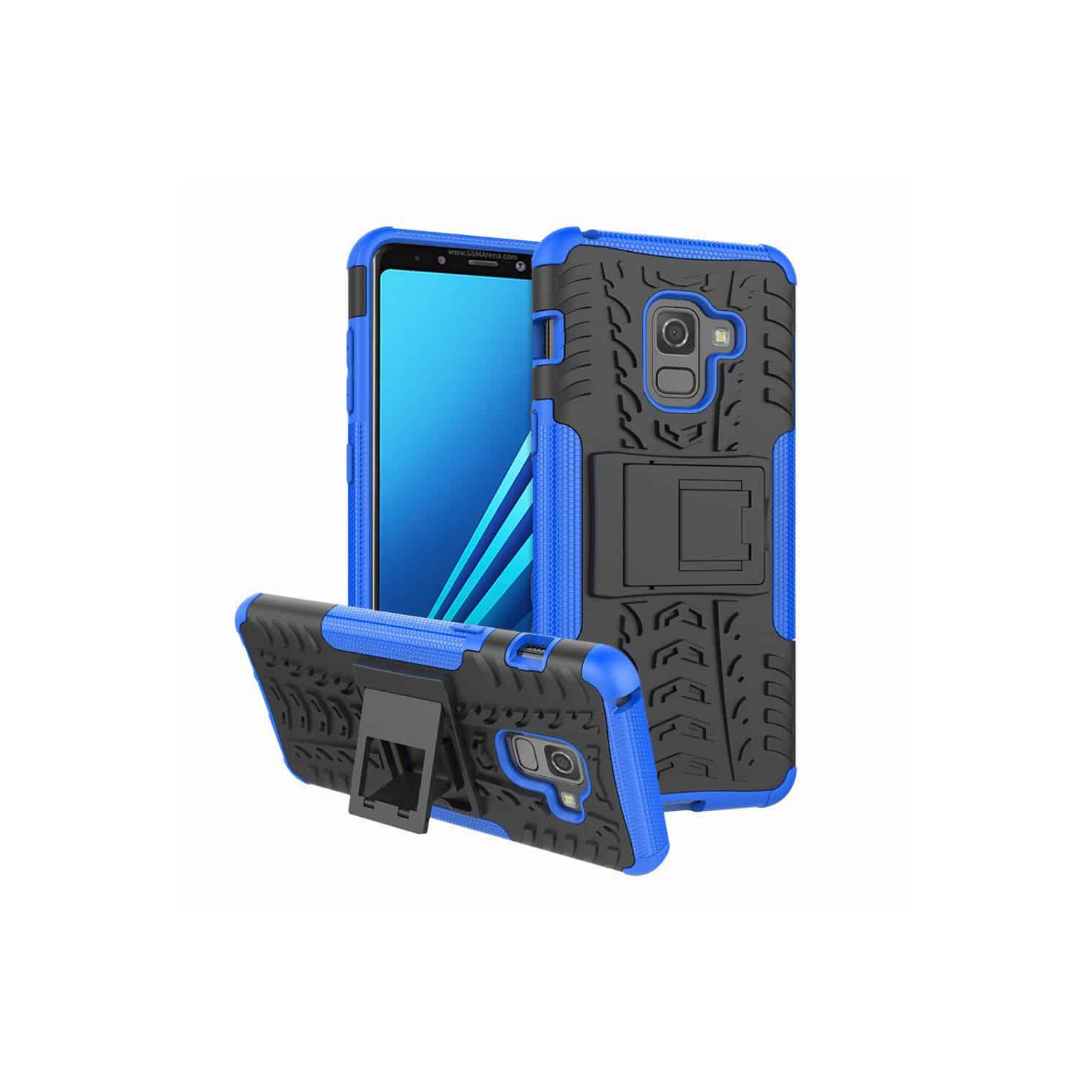 Étui bleu pour Galaxy A8 2018 de Samsung, étui robuste, antichoc et robuste avec béquille