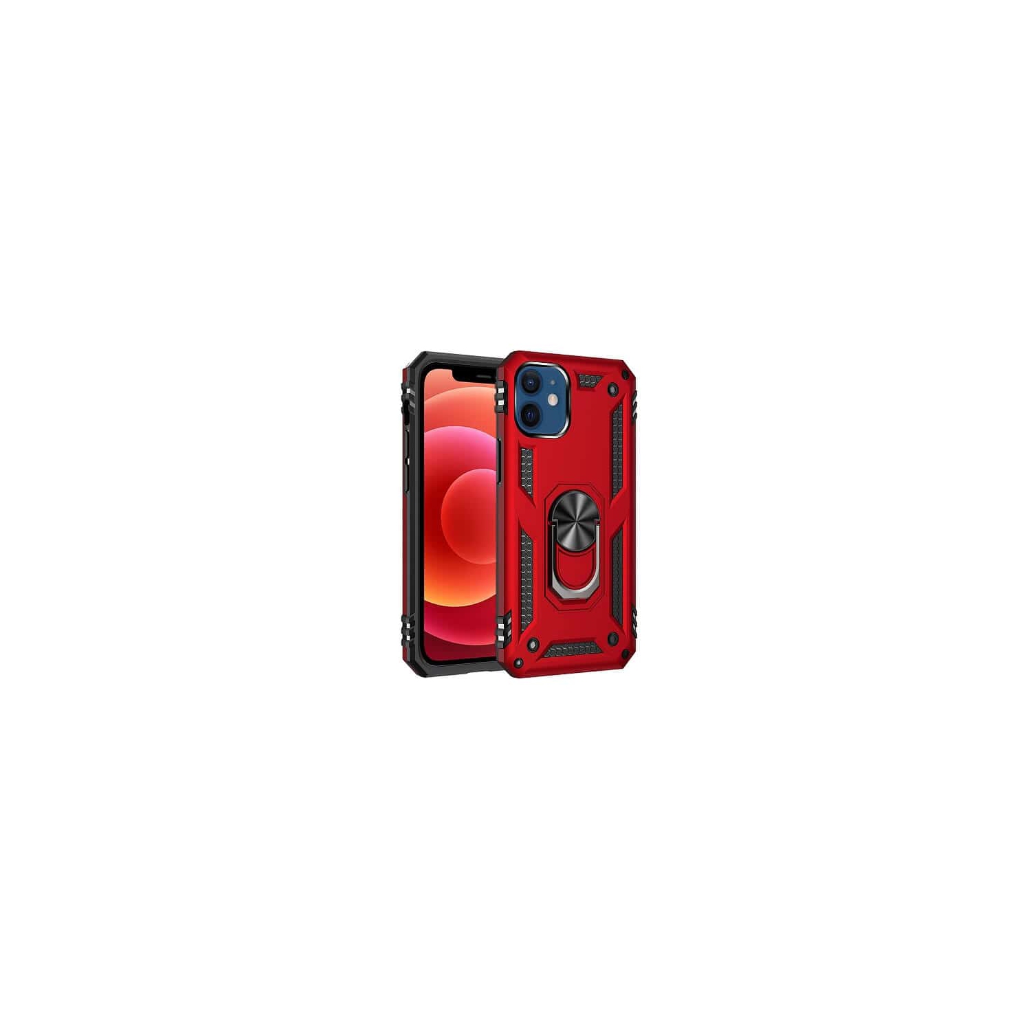 For Apple iPhone 12 Mini Red Military Grade 360 Degree Rotating Metal Magnetic Ring Car Mount Holder Kickstand Shockproof Heavy Duty Cover