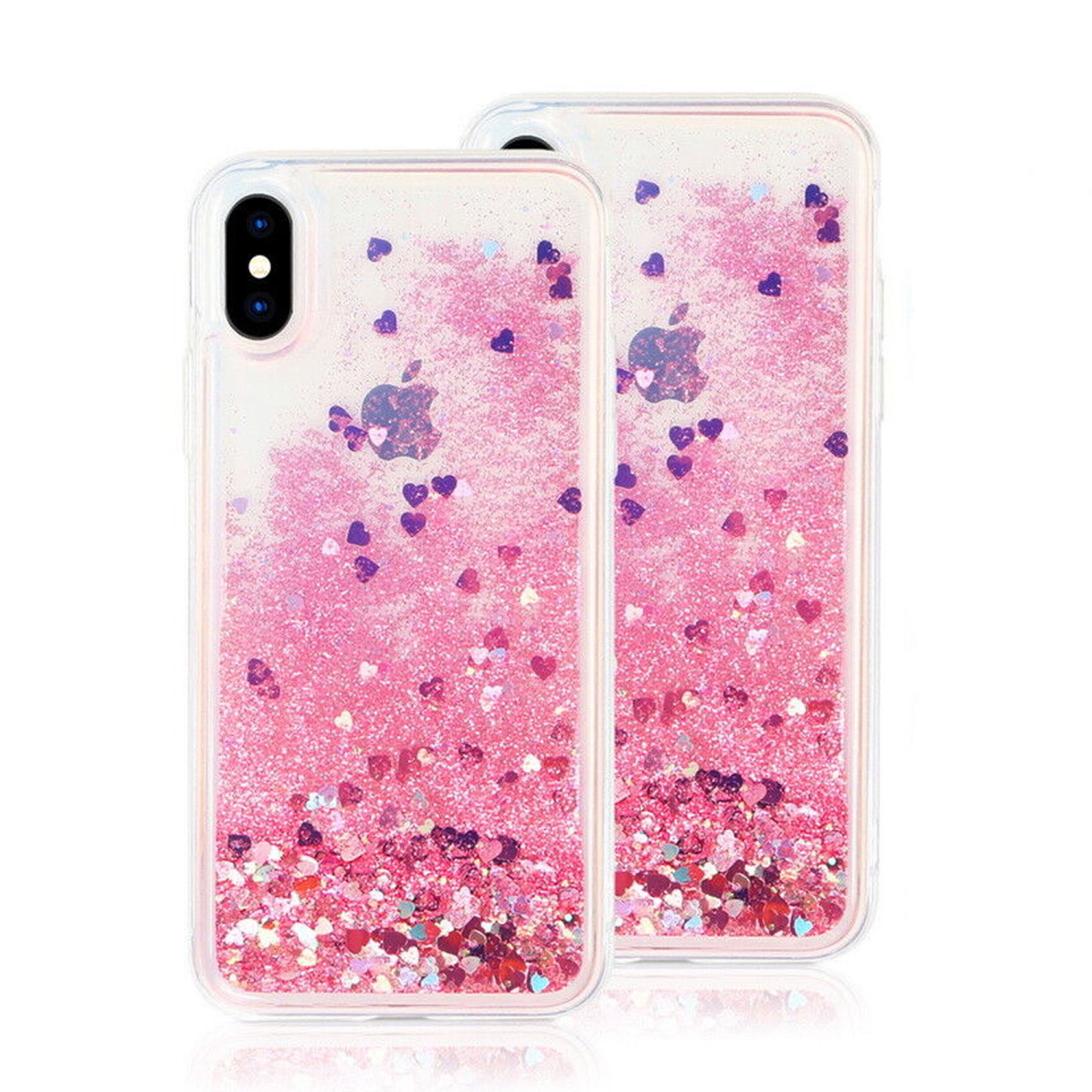 For Apple iPhone X / XS Pink Clear Gel Case Heavy Duty Shockproof Liquid Glitter TPU Silicone Back Cover