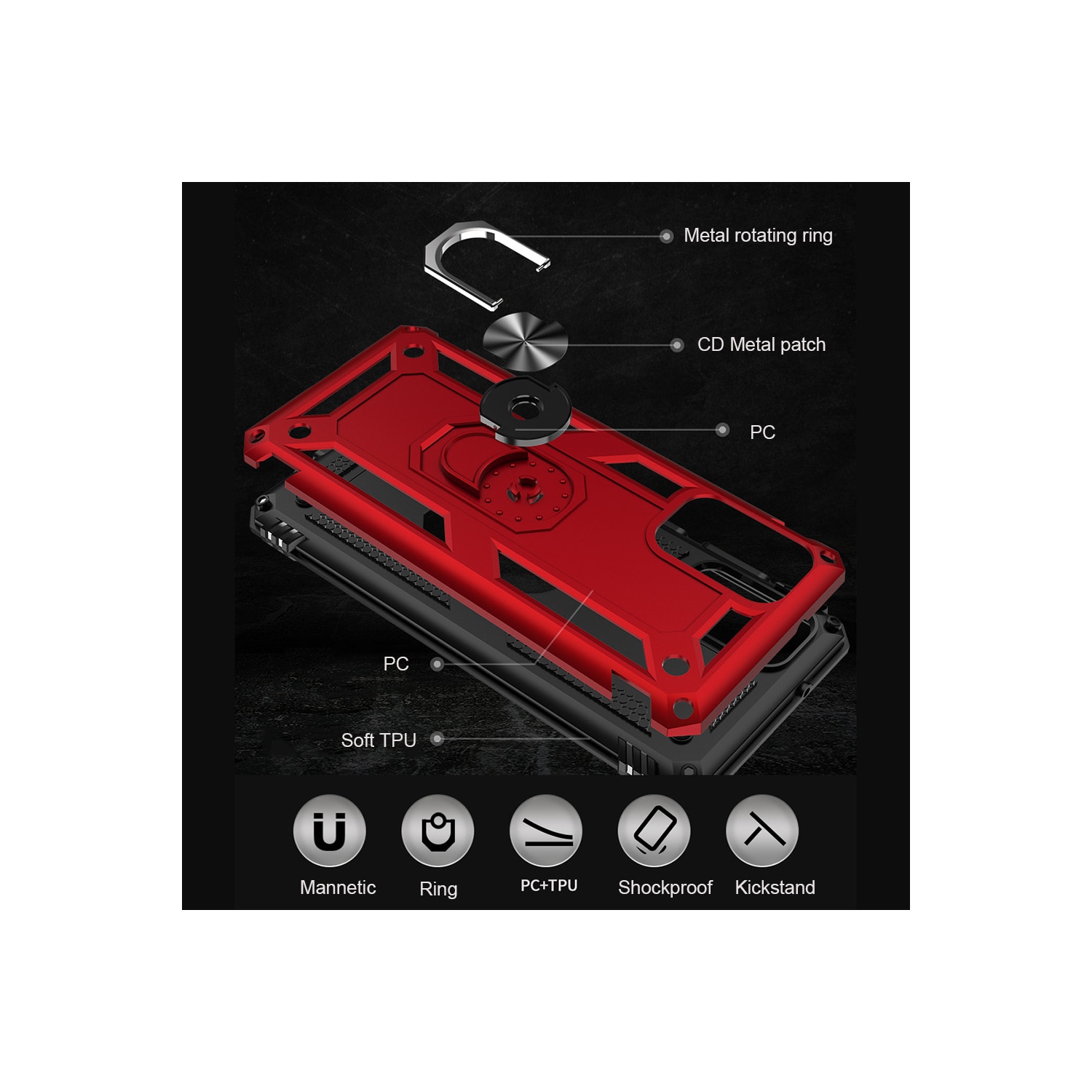 【SupRShield】 Anti-Drop Hybrid Magnetic Hard Armor Case with 360 Rotating Ring Holder Stand Shockproof Cover for Samsung Galaxy S20 FE 5G, Red