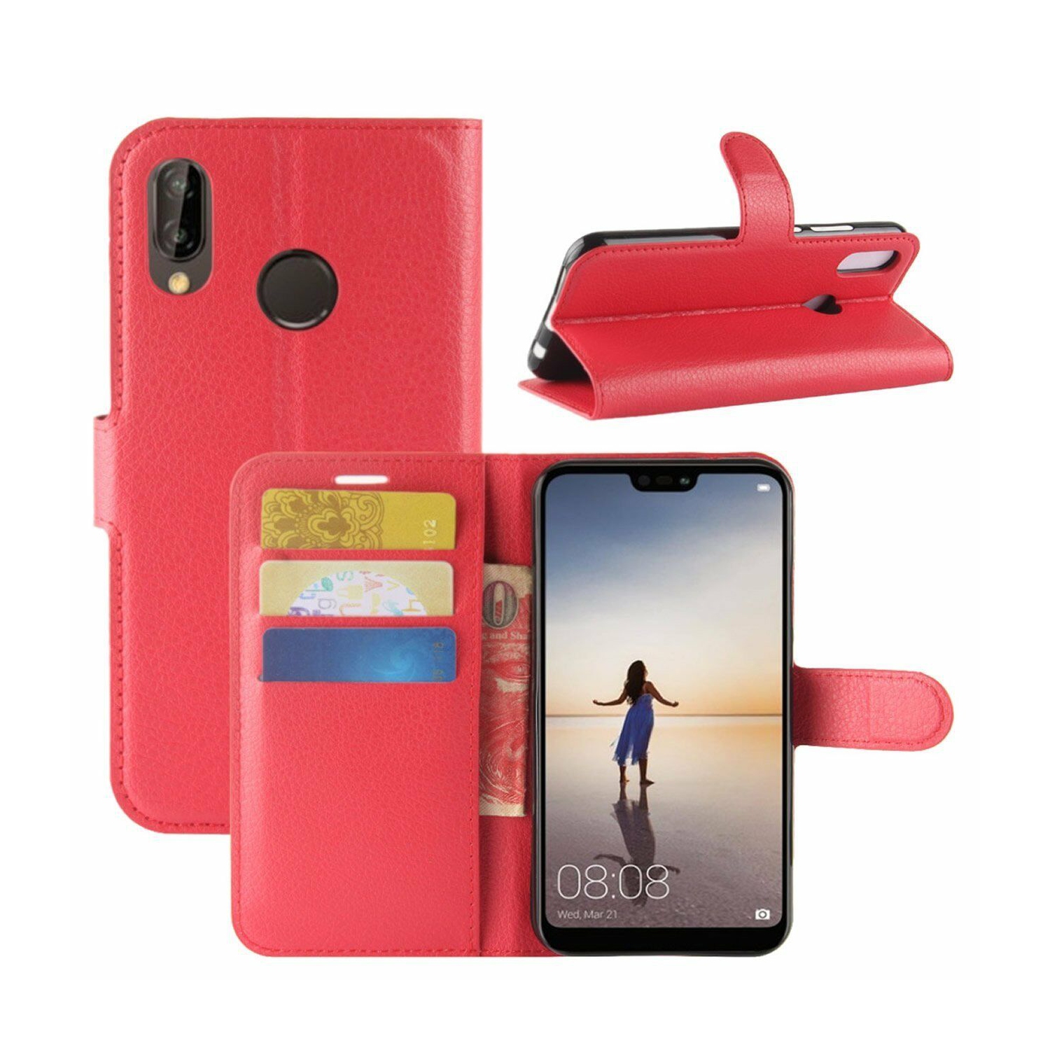 Pour P10 plus de Huawei, étui portefeuille magnétique et antichoc en cuir rouge avec porte-carte