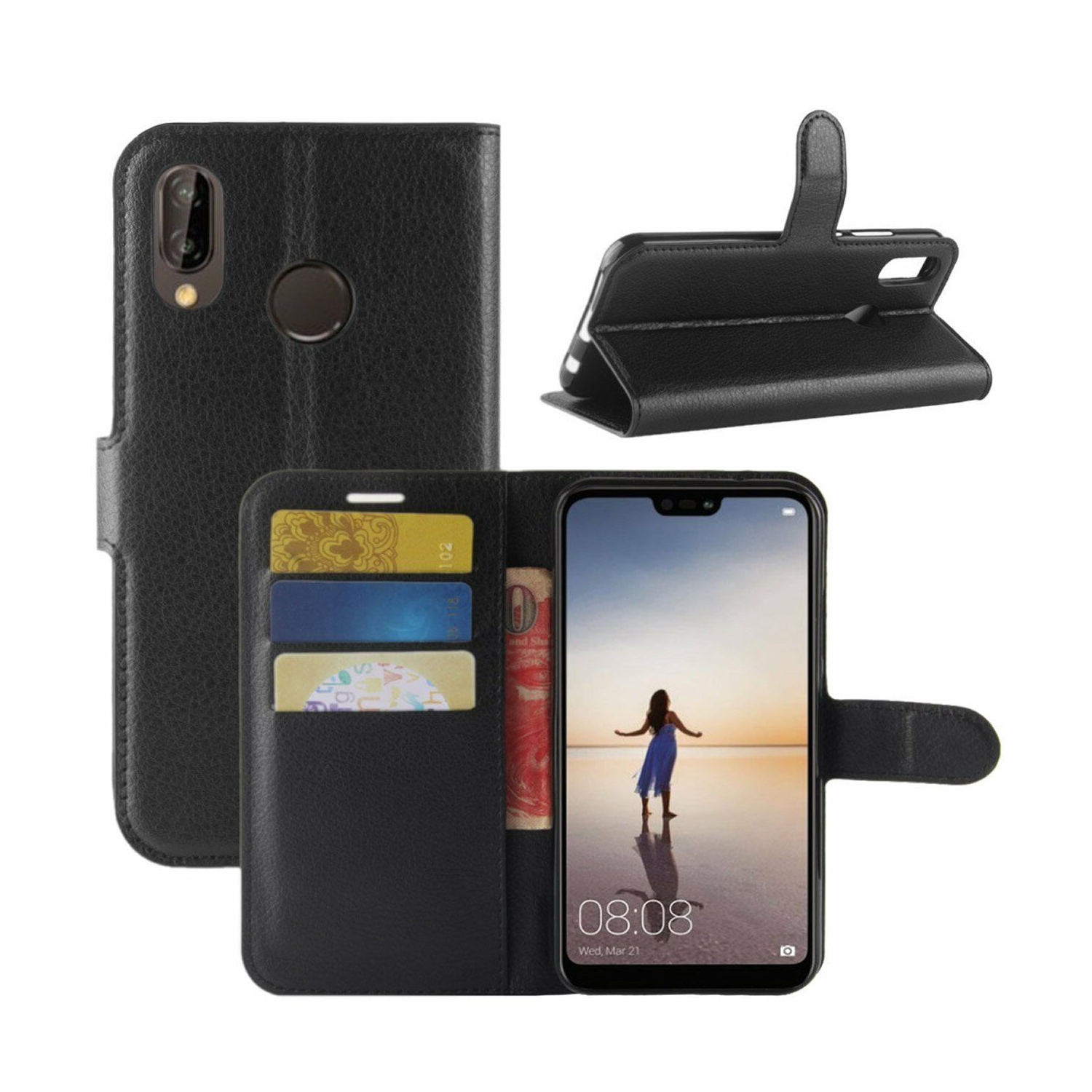 Pour P10 Lite de Huawei, étui portefeuille en cuir noir avec porte-carte magnétique et protecteur rabattable