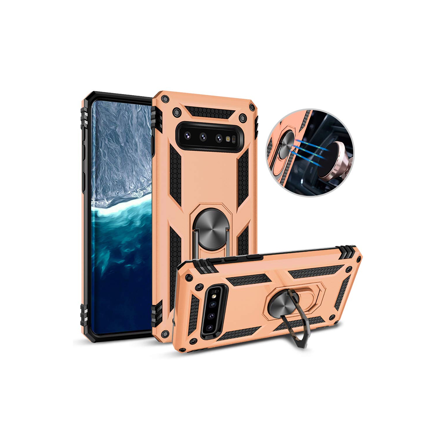 Samsung Galaxy S10e Rose Gold Military Grade 360 Degree Rotating Metal Magnetic Ring Car Mount Holder Kickstand Shockproof Heavy Duty Cover