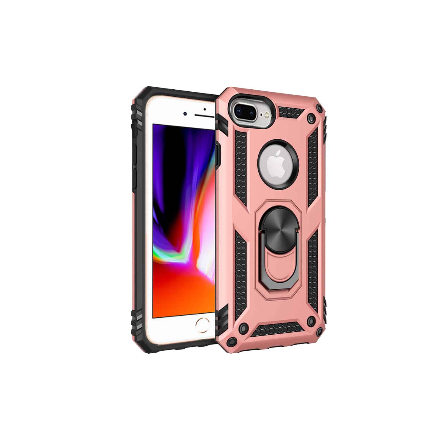 For Apple iPhone 8 Plus Rose Gold Military Grade Degree Rotating Metal Magnetic Ring Car Mount Holder Kickstand Shockproof Heavy Duty Cover