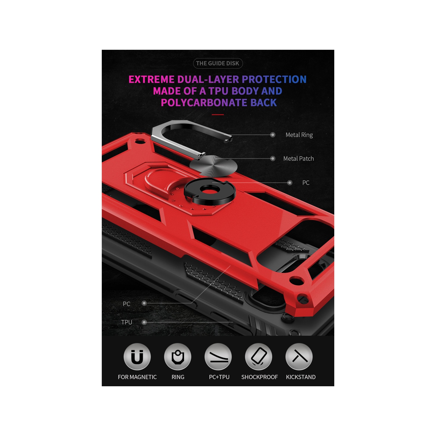 Support à anneau magnétique en métal pivotant à 360 degrés pour support d’auto Galaxy S10e de Samsung - Rouge militaire