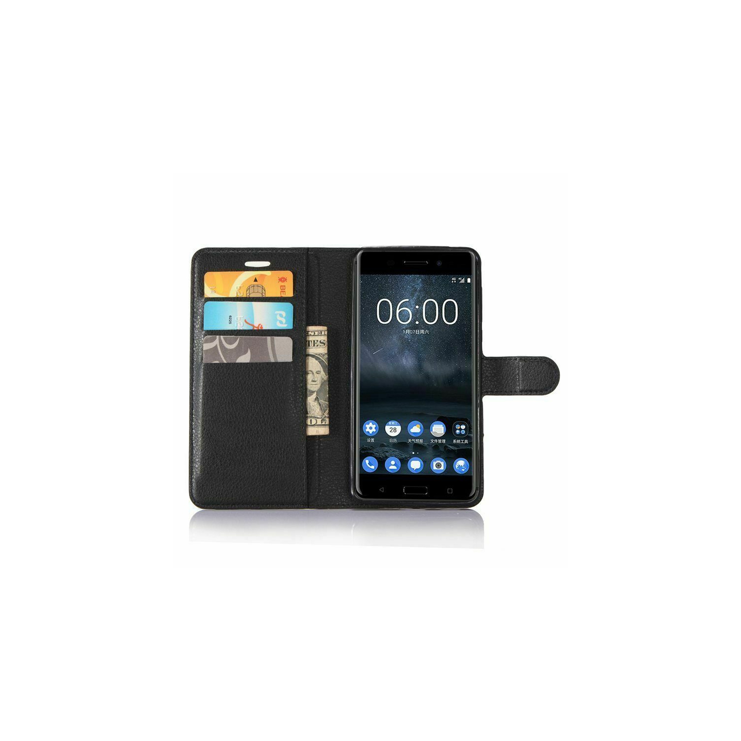 For Nokia 6 Black Wallet Leather Card Holder Flip Protective Shockproof Magnetic Case Cover