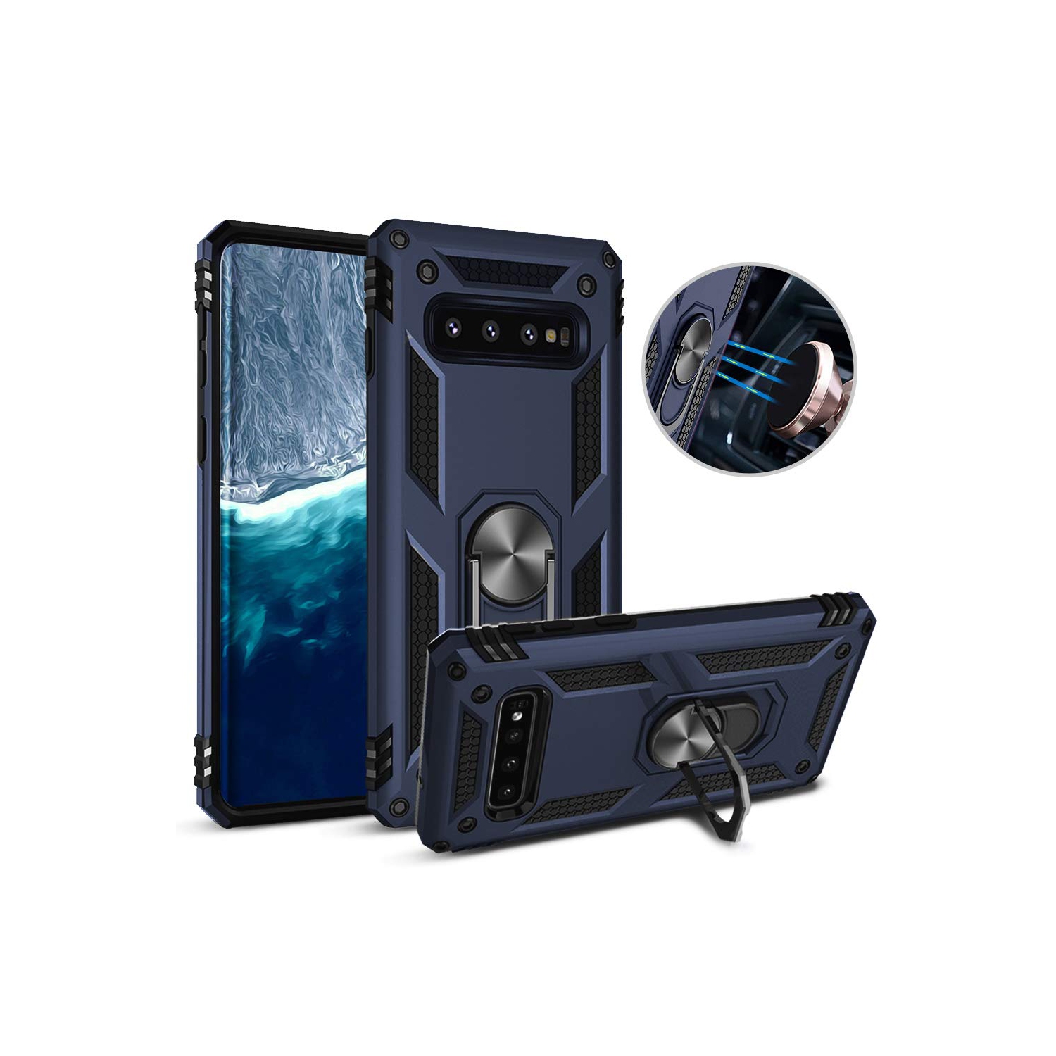 Samsung Galaxy S10e Navy Blue Military Grade 360 Degree Rotating Metal Magnetic Ring Car Mount Holder Kickstand Shockproof Heavy Duty Cover