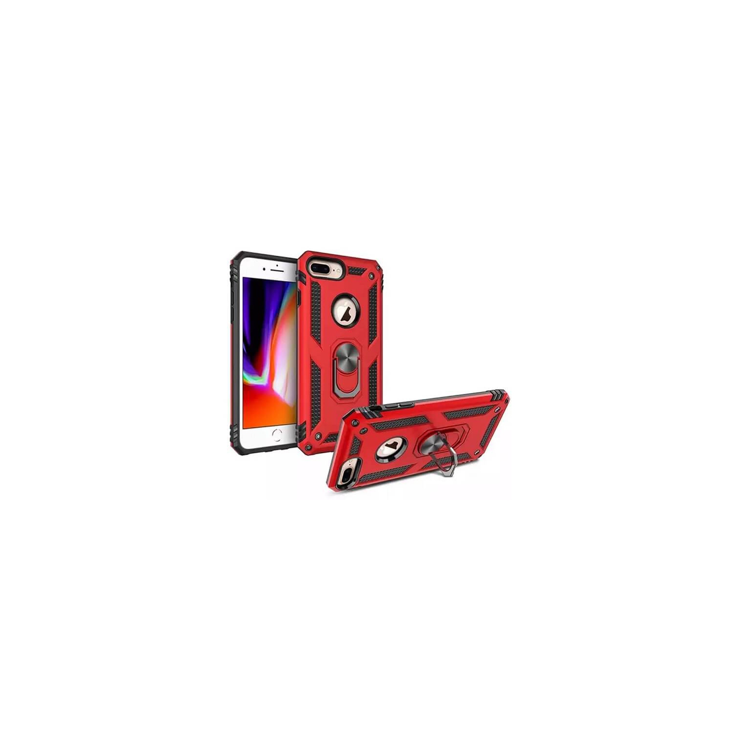 For Apple iPhone 8 Plus Red Military Grade Degree Rotating Metal Magnetic Ring Car Mount Holder Kickstand Shockproof Heavy Duty Cover