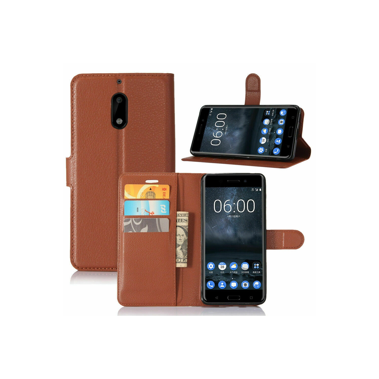 For Nokia 6 Brown Wallet Leather Card Holder Flip Protective Shockproof Magnetic Case Cover
