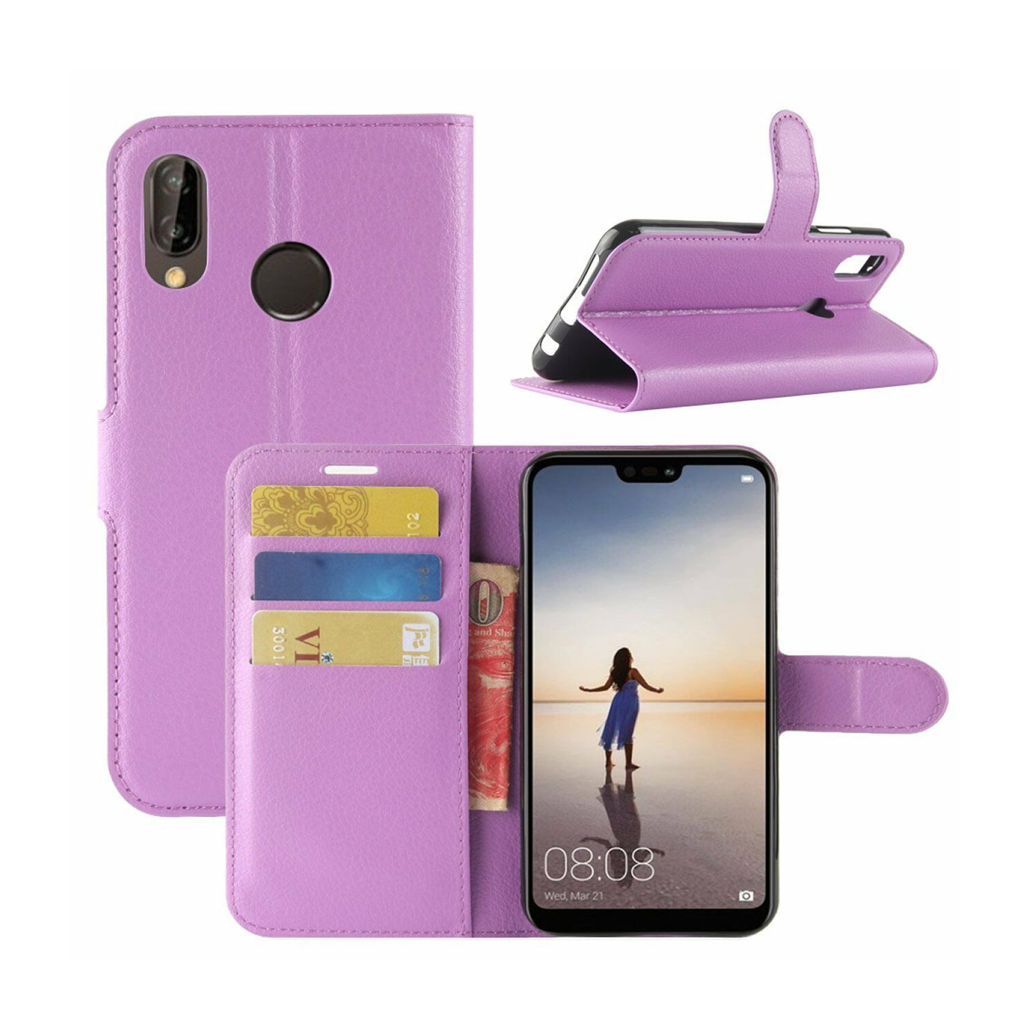 For Huawei P20 Lite Purple Wallet Leather Card Holder Flip Protective Shockproof Magnetic Case Cover