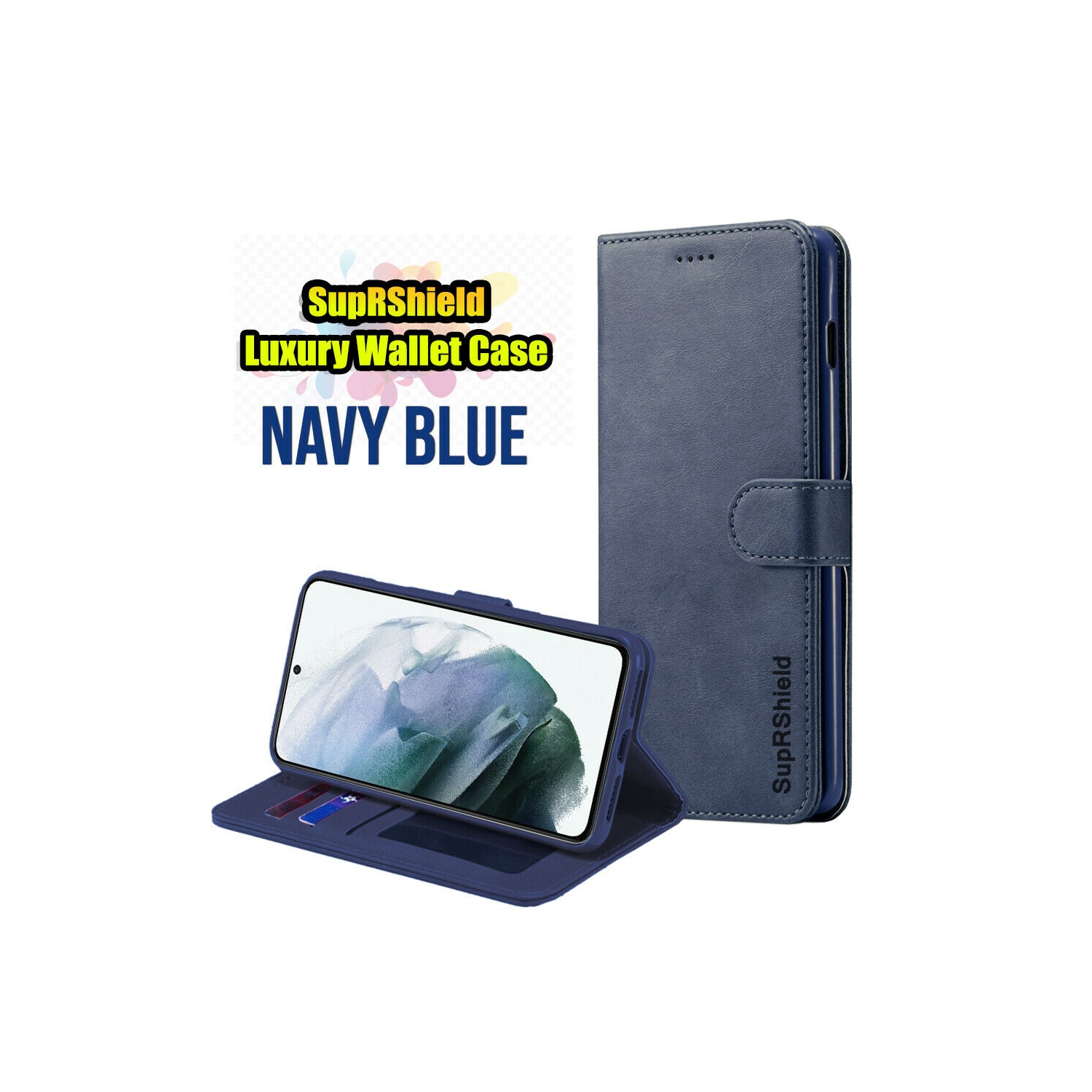 Samsung Galaxy S21 Ultra 5G Case Navy Blue SupRShield Wallet Leather Card Holder Flip Protective Shockproof Magnetic Case Stand Cover