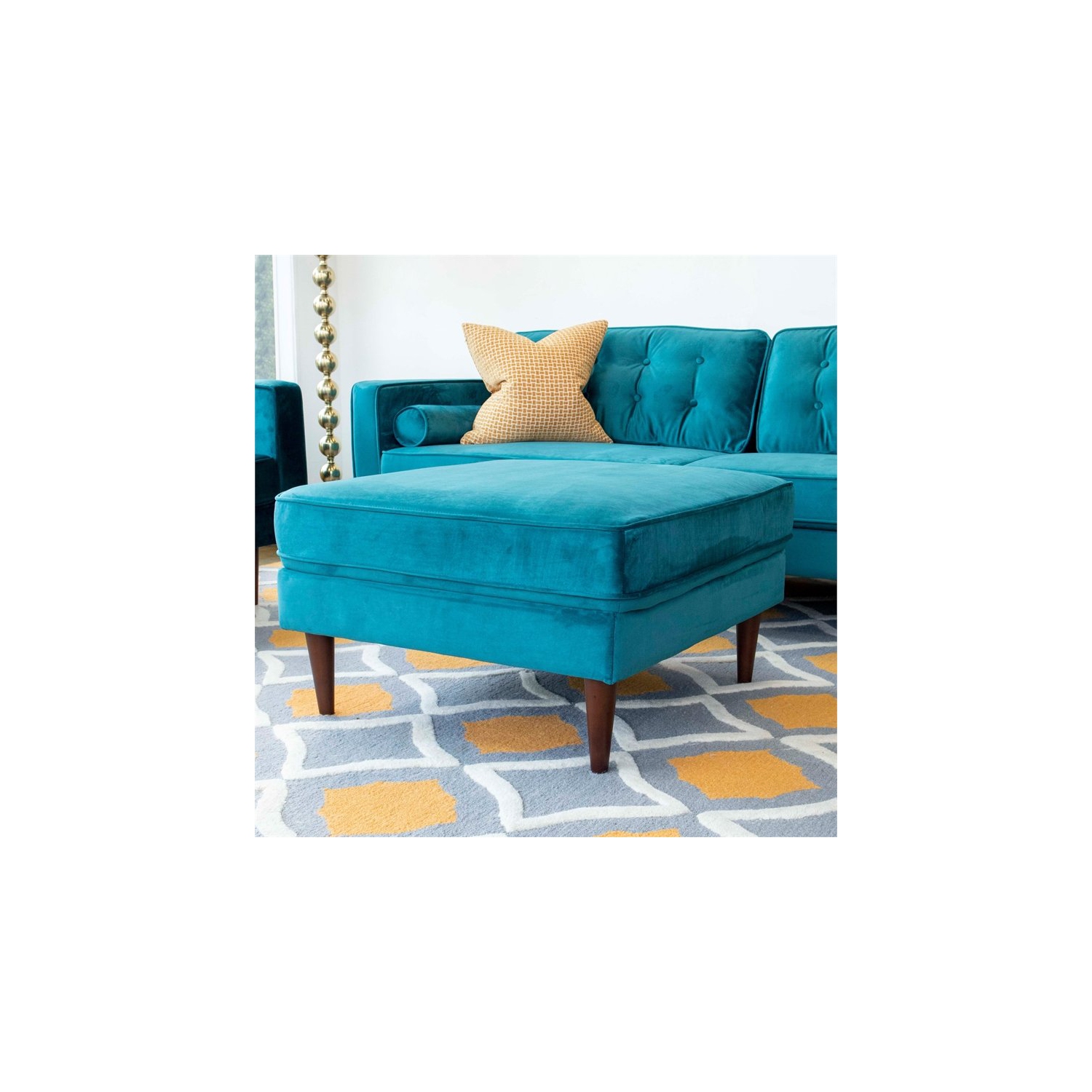 Hudson Mid-Century Modern Square Velvet Ottoman in Teal
