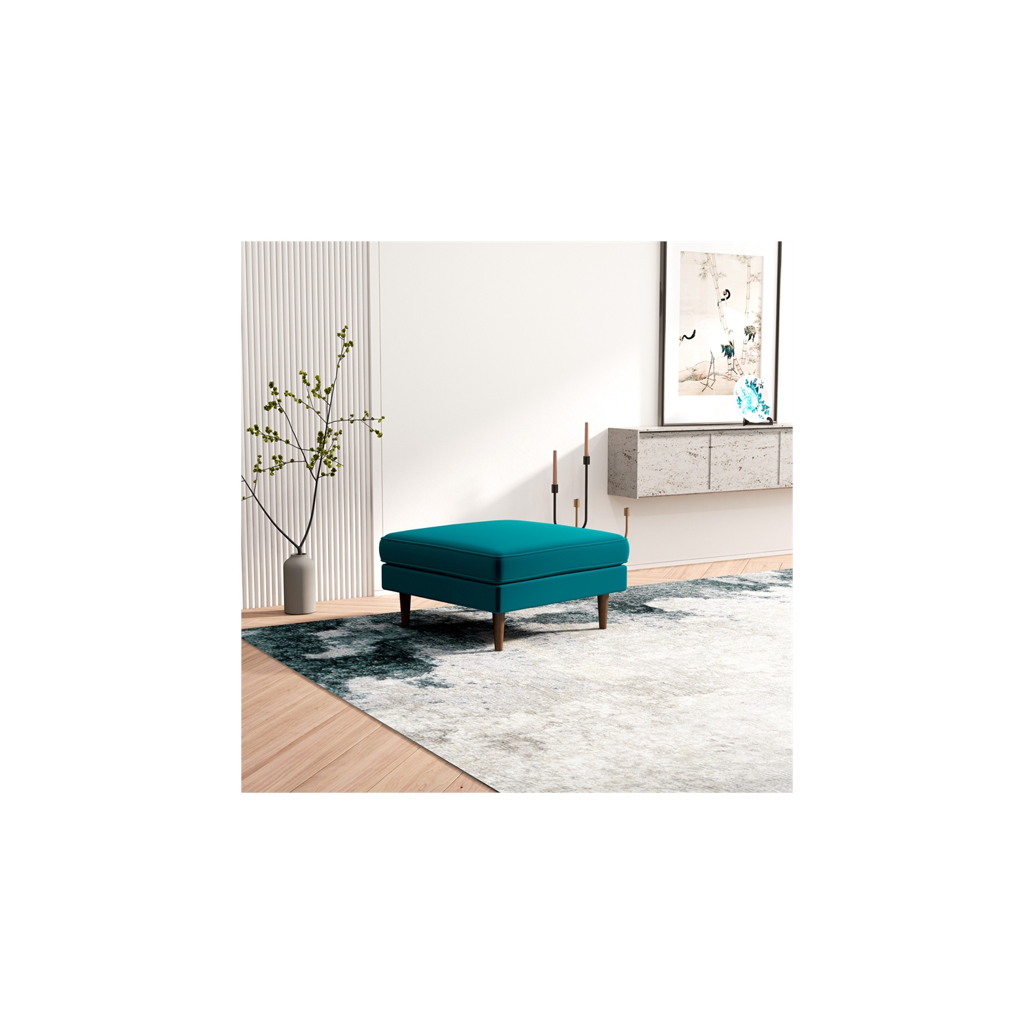 Hudson Mid-Century Modern Square Velvet Ottoman in Teal