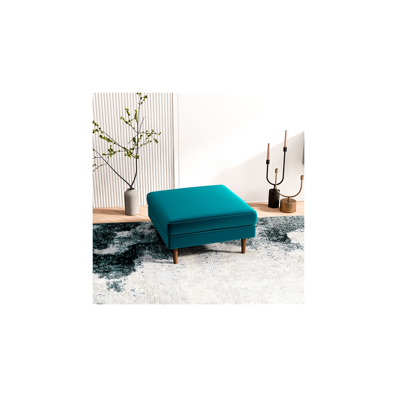 Hudson Mid-Century Modern Square Velvet Ottoman in Teal