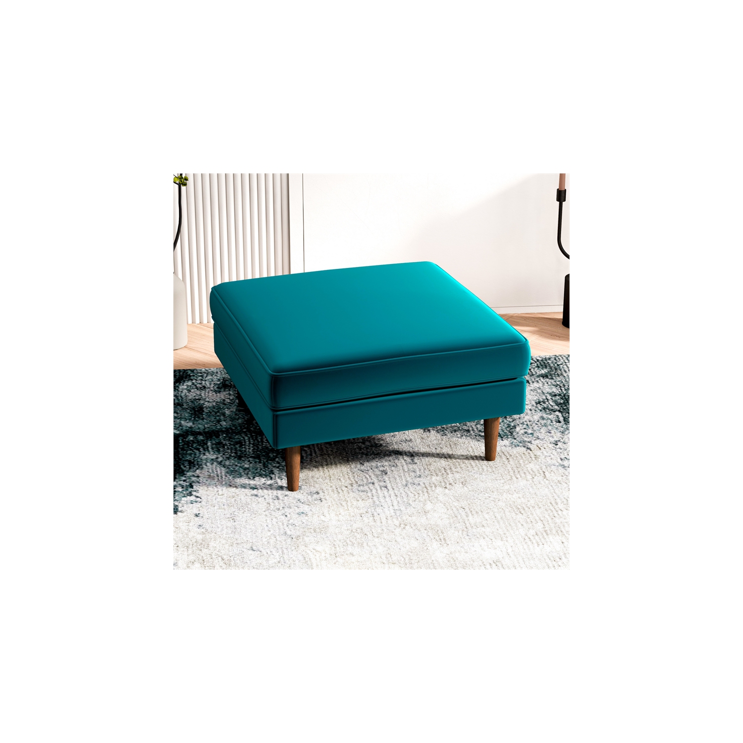 Hudson Mid-Century Modern Square Velvet Ottoman in Teal