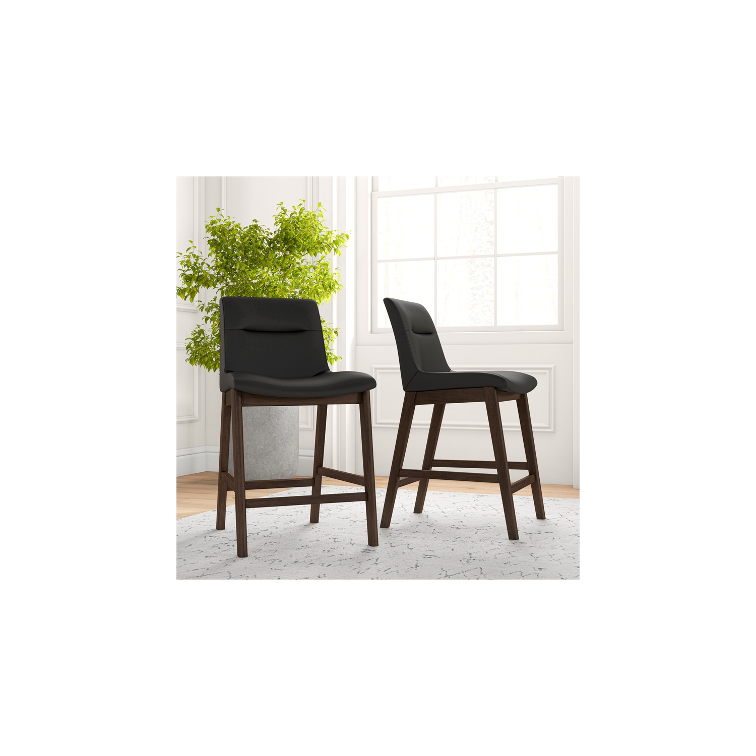 Tabouret de comptoir moderne en cuir noir de style mi-siècle Helena