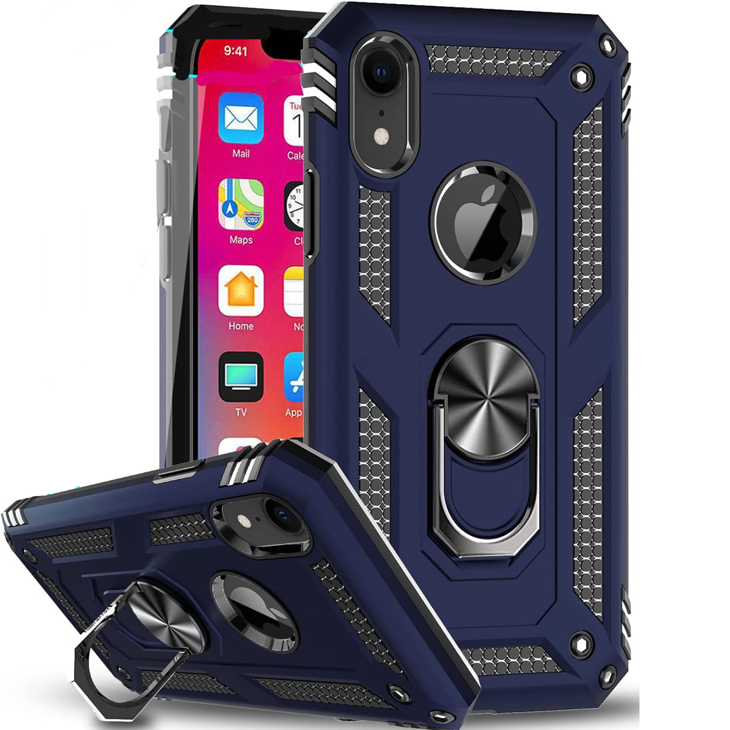 Pour Apple iPhone X Bleu qualité militaire, support magnétique rotatif à 360 degrés, support de voiture béquille antichoc, robuste