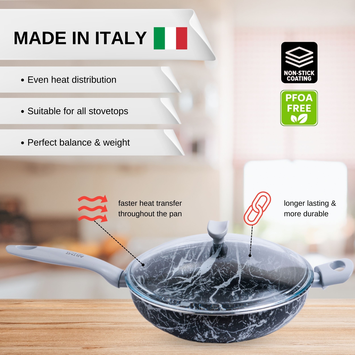 ARIMI Italian Diamond Marble Saute Pan with Lid 28cm