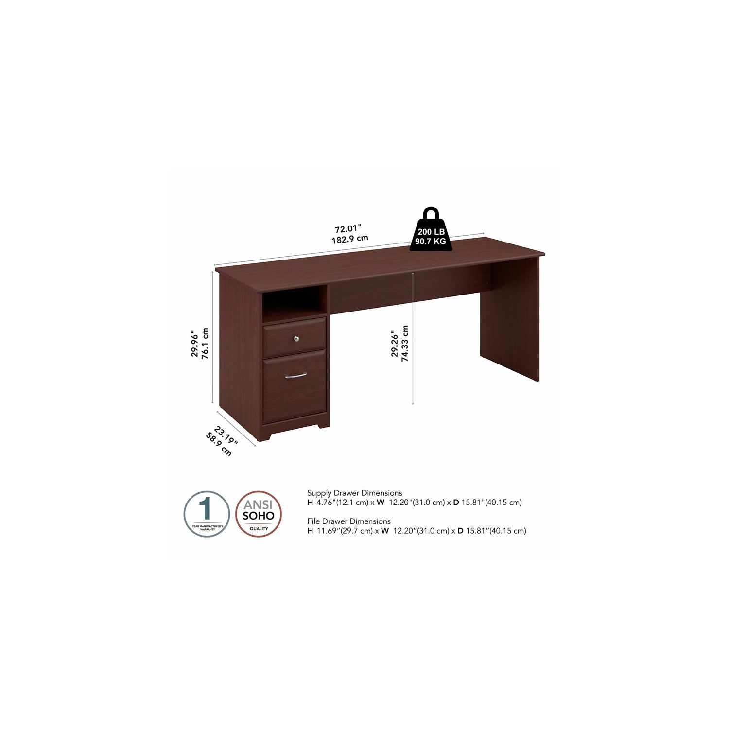 Atlin Designs 72W Computer Desk with Drawers in Harvest Cherry