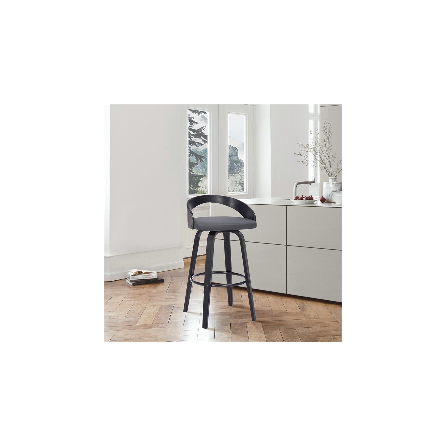 Sonia 26" Counter Height Swivel Grey Faux Leather and Black Wood Bar Stool