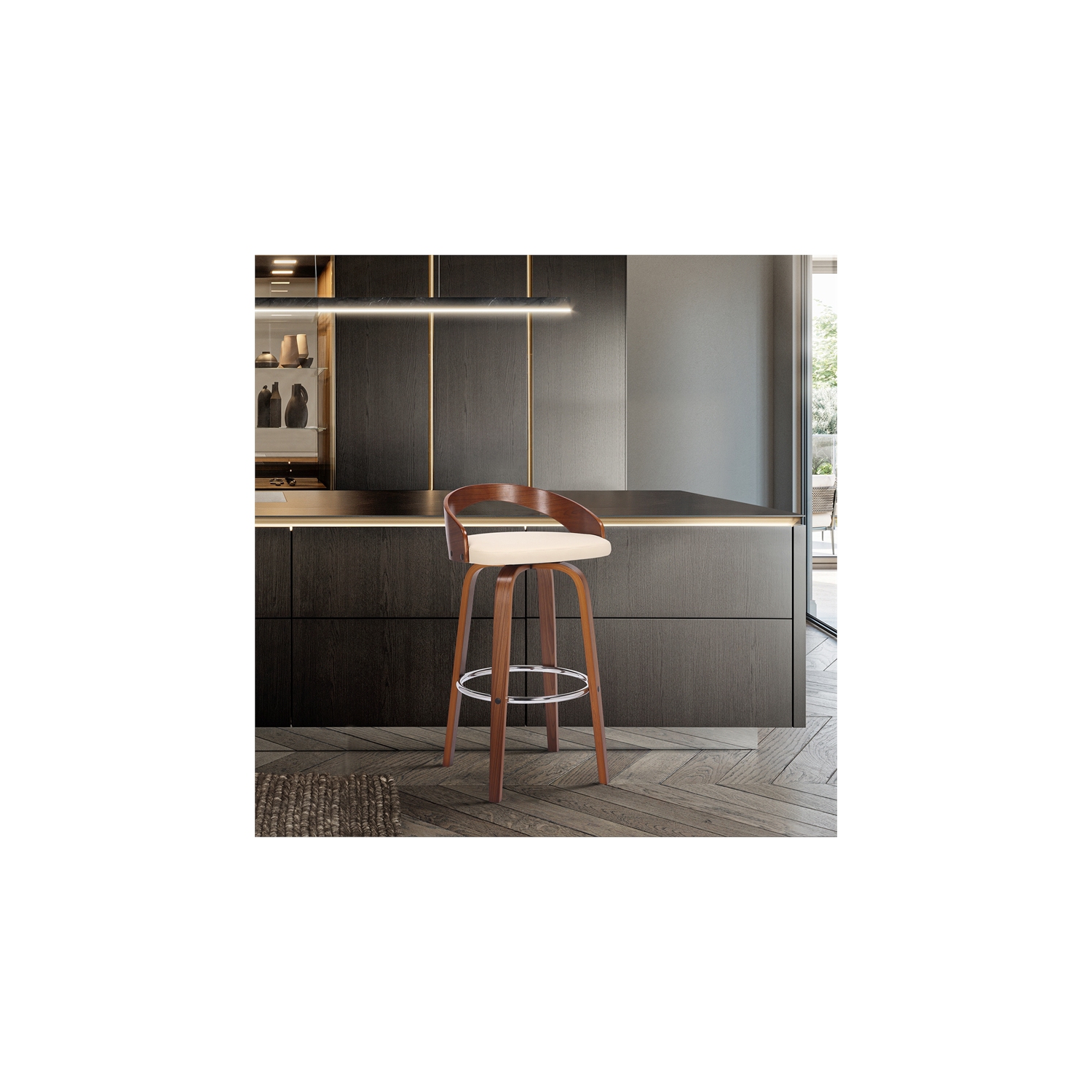 Sonia 26" Counter Height Swivel Cream Faux Leather and Walnut Wood Bar Stool