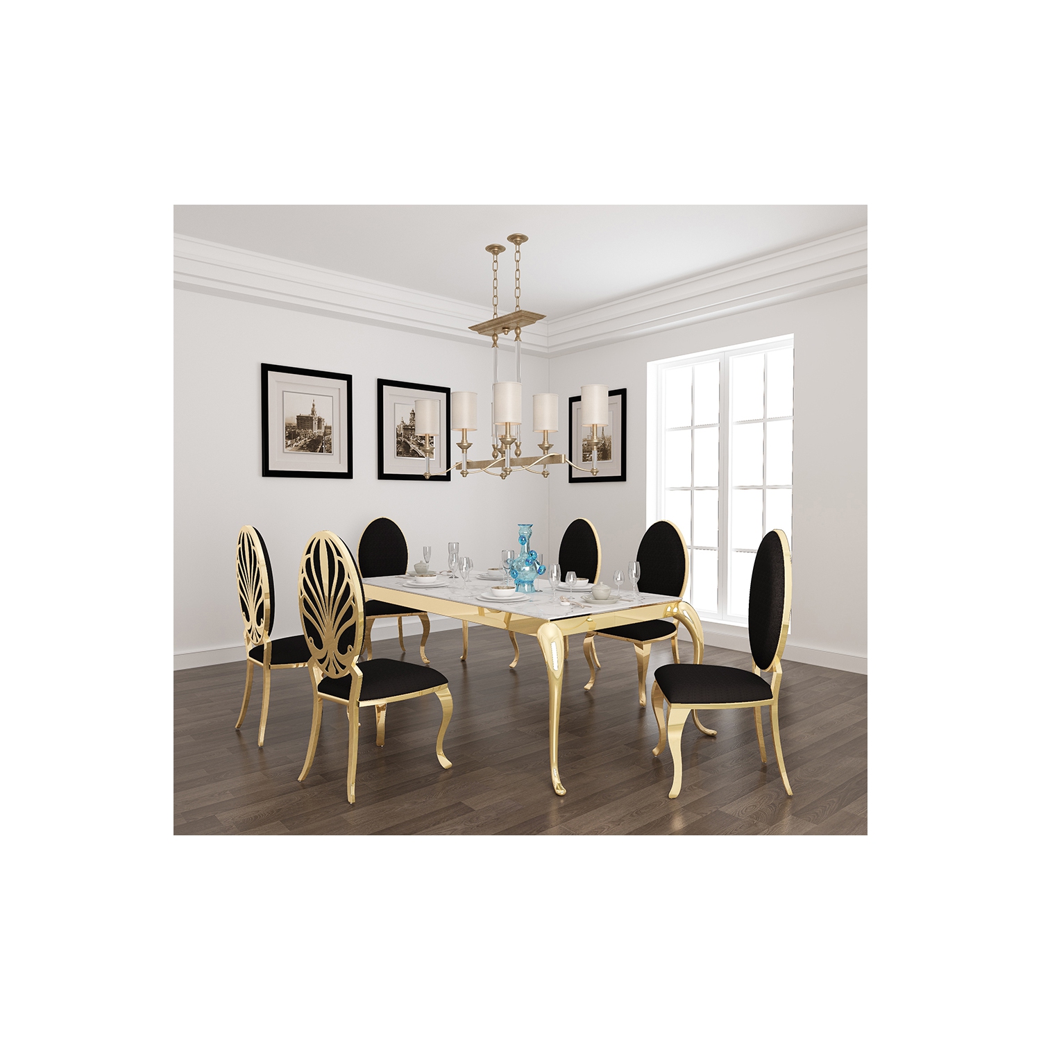 SOLEIL GOLD 63" MARBLE DINING TABLE & 6 BLACK VELVET ICE GOLD DINING CHAIRS