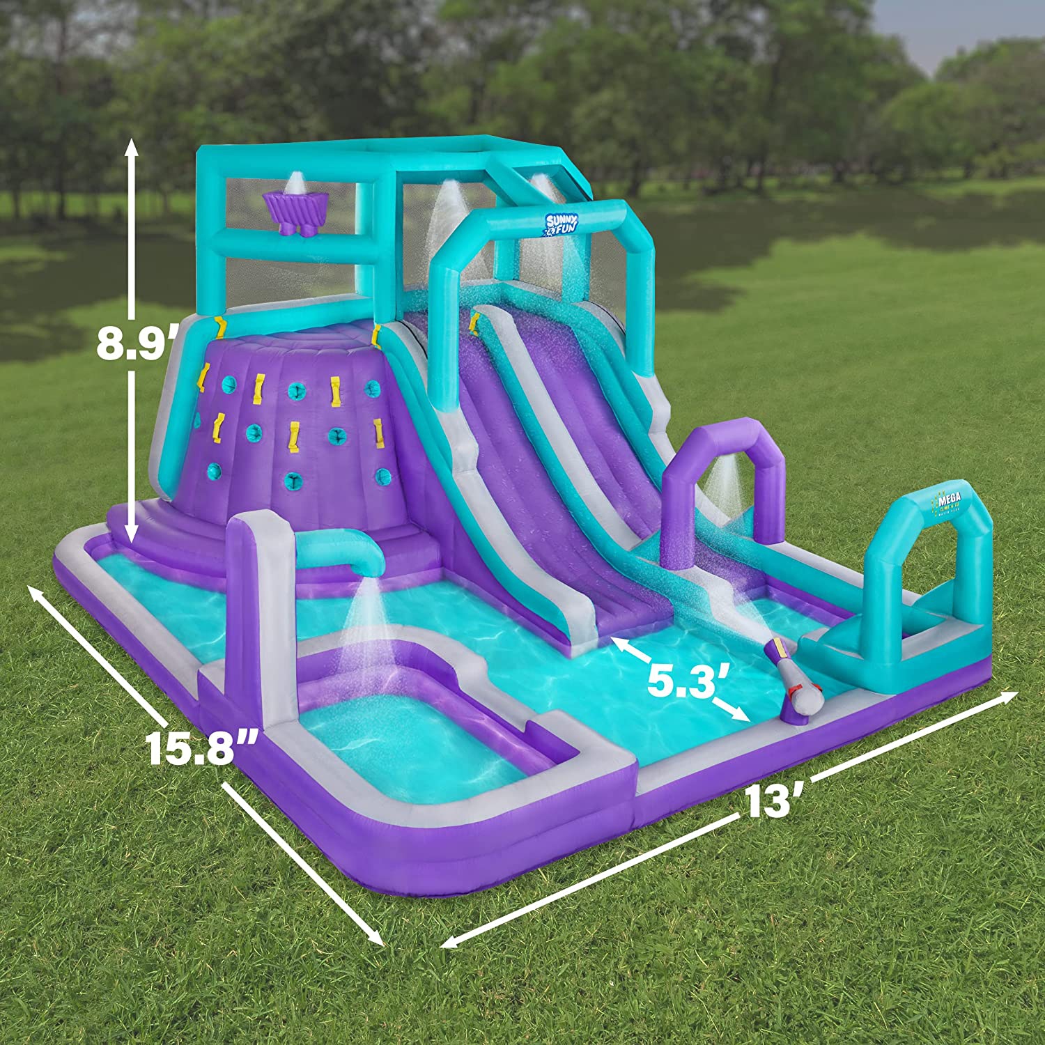 Sunny & Fun Mega Climb N’ Go Inflatable Water Slide Park – Heavy-Duty for Outdoor Fun - Climbing Wall, 2 Slides, Splash & Deep Pool – Easy to Set Up