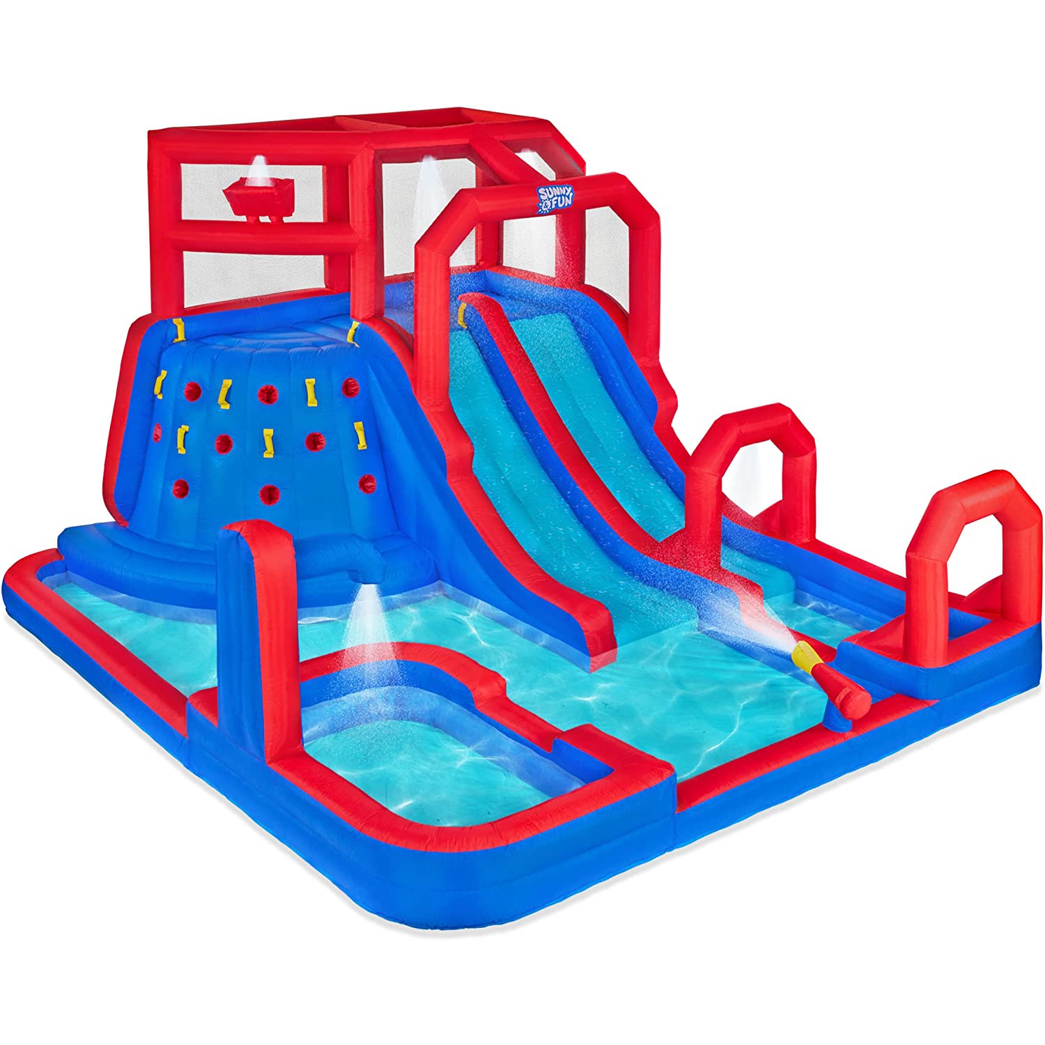 Sunny & Fun Mega Climb N’ Go Inflatable Water Slide Park – Heavy-Duty for Outdoor Fun - Climbing Wall, 2 Slides, Splash & Deep Pool – Easy to Set Up