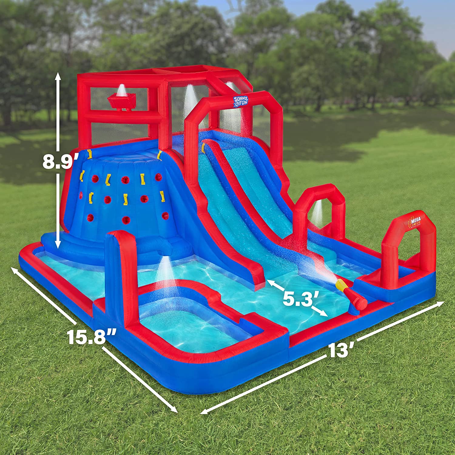 Sunny & Fun Mega Climb N’ Go Inflatable Water Slide Park – Heavy-Duty for Outdoor Fun - Climbing Wall, 2 Slides, Splash & Deep Pool – Easy to Set Up